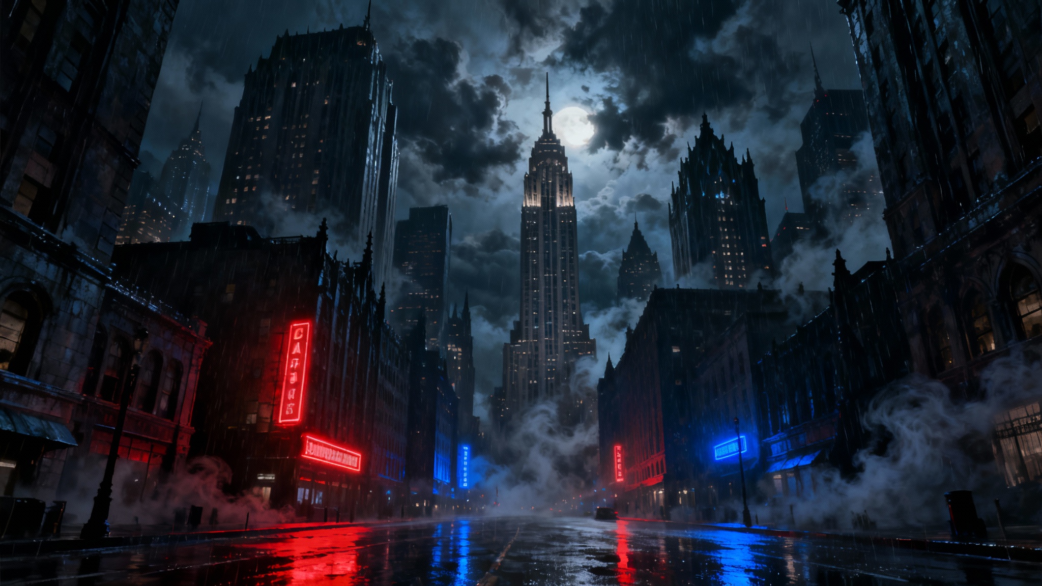 A dark and atmospheric panoramic view of Gotham City at night, with rain-slicked streets, towering gothic skyscrapers, and glowing neon signs under a cloudy sky.