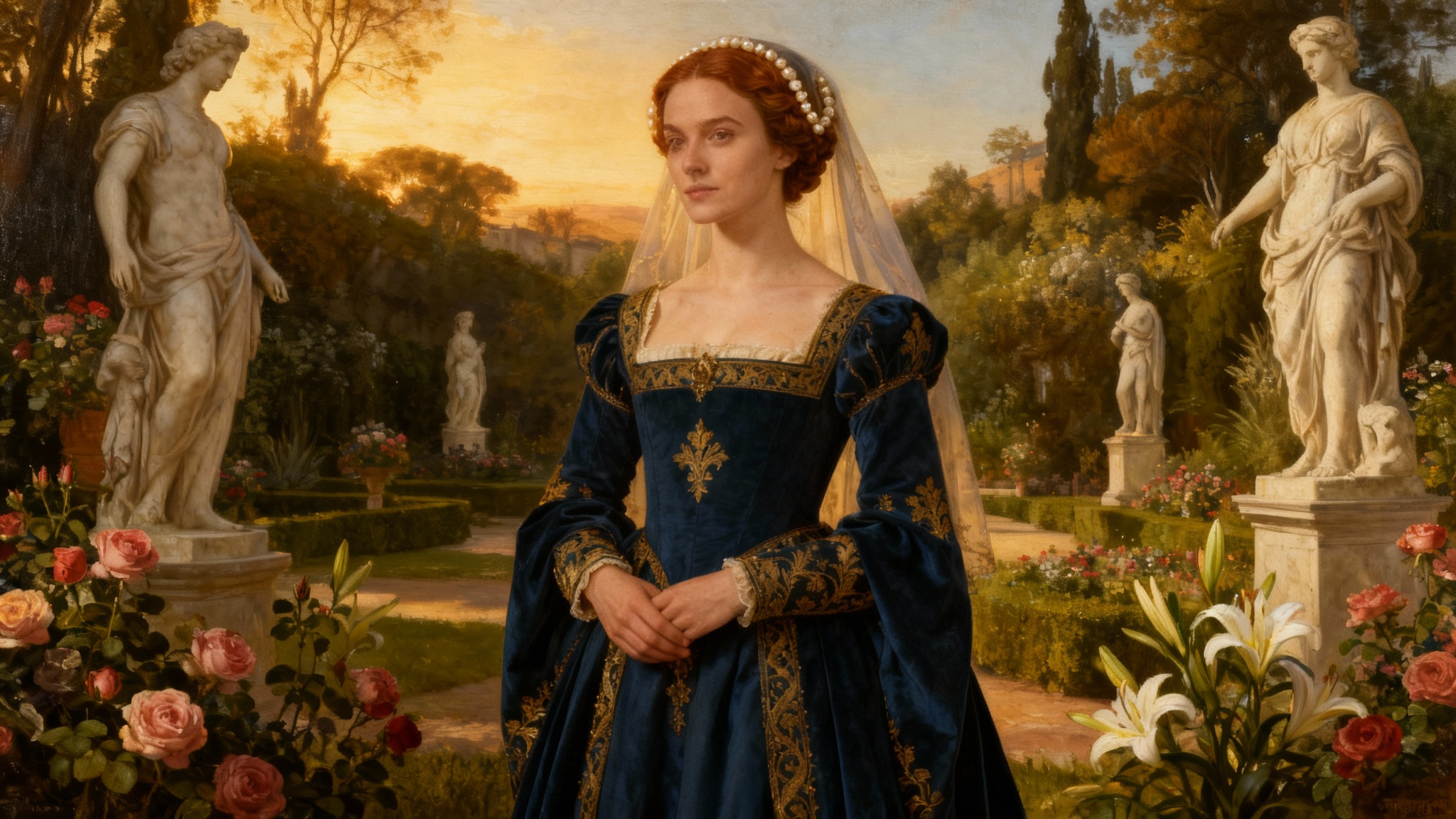 A highly detailed digital painting in the Renaissance style of a noblewoman in an ornate blue and gold dress, standing in a beautiful garden at sunset.
