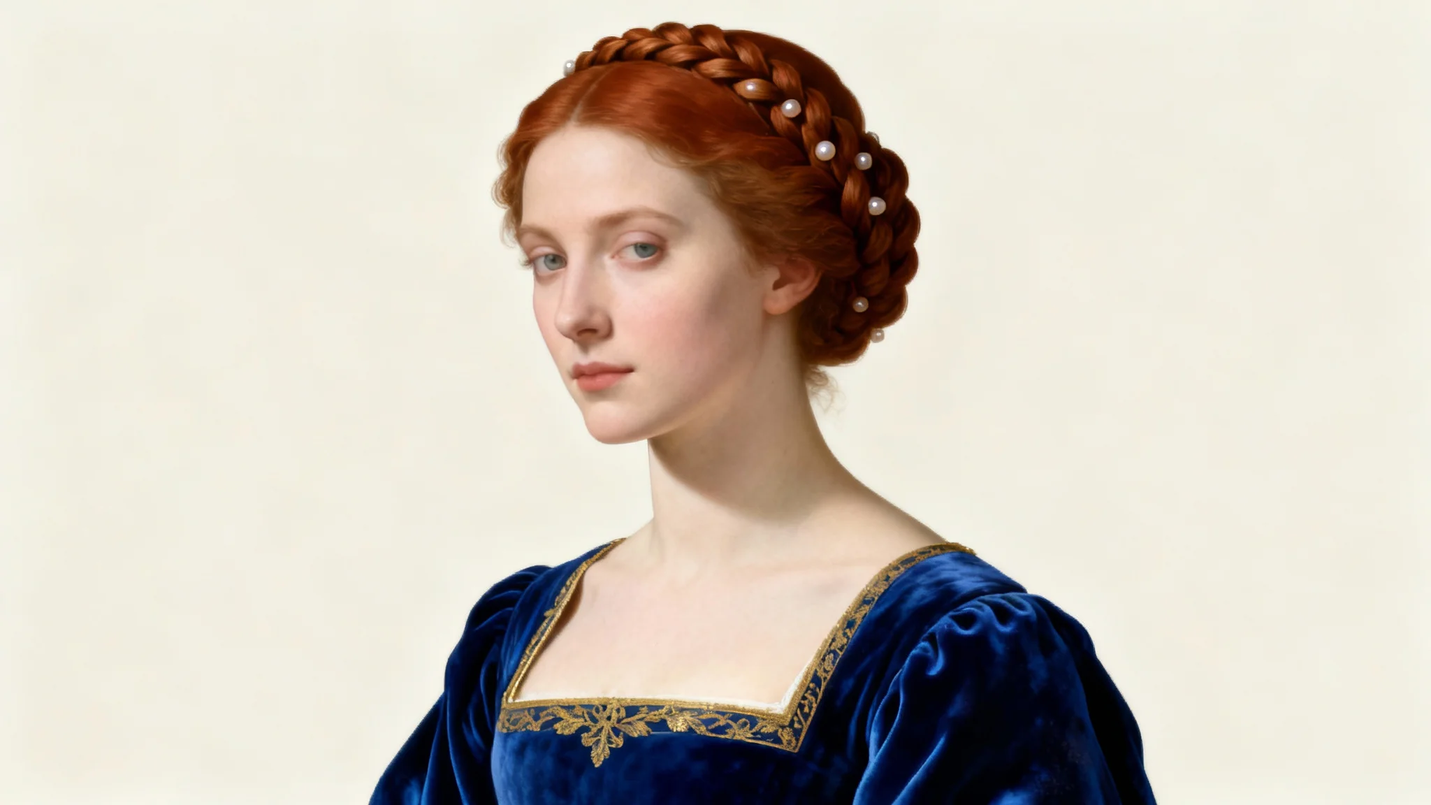 A Renaissance-style digital portrait of a noblewoman with braided auburn hair and a blue velvet gown, set against a plain off-white background.