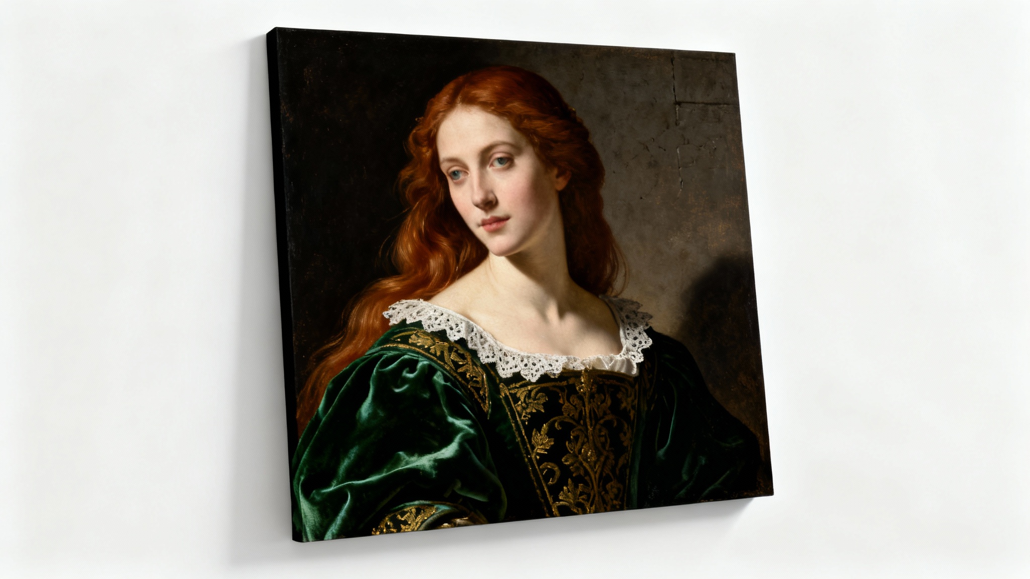 A stunning, highly detailed Renaissance-style portrait of a woman in an emerald green velvet dress, featuring dramatic lighting and a dark background. The portrait is displayed as a mockup on a plain white surface.