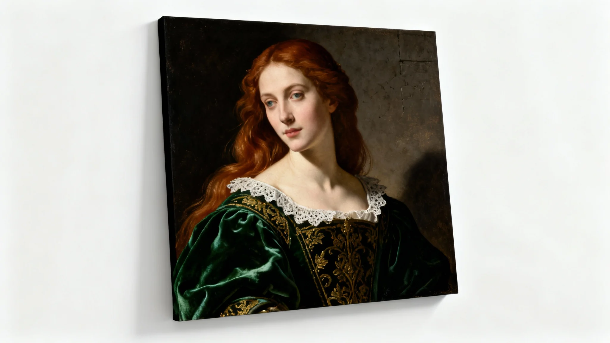 A stunning, highly detailed Renaissance-style portrait of a woman in an emerald green velvet dress, featuring dramatic lighting and a dark background. The portrait is displayed as a mockup on a plain white surface.