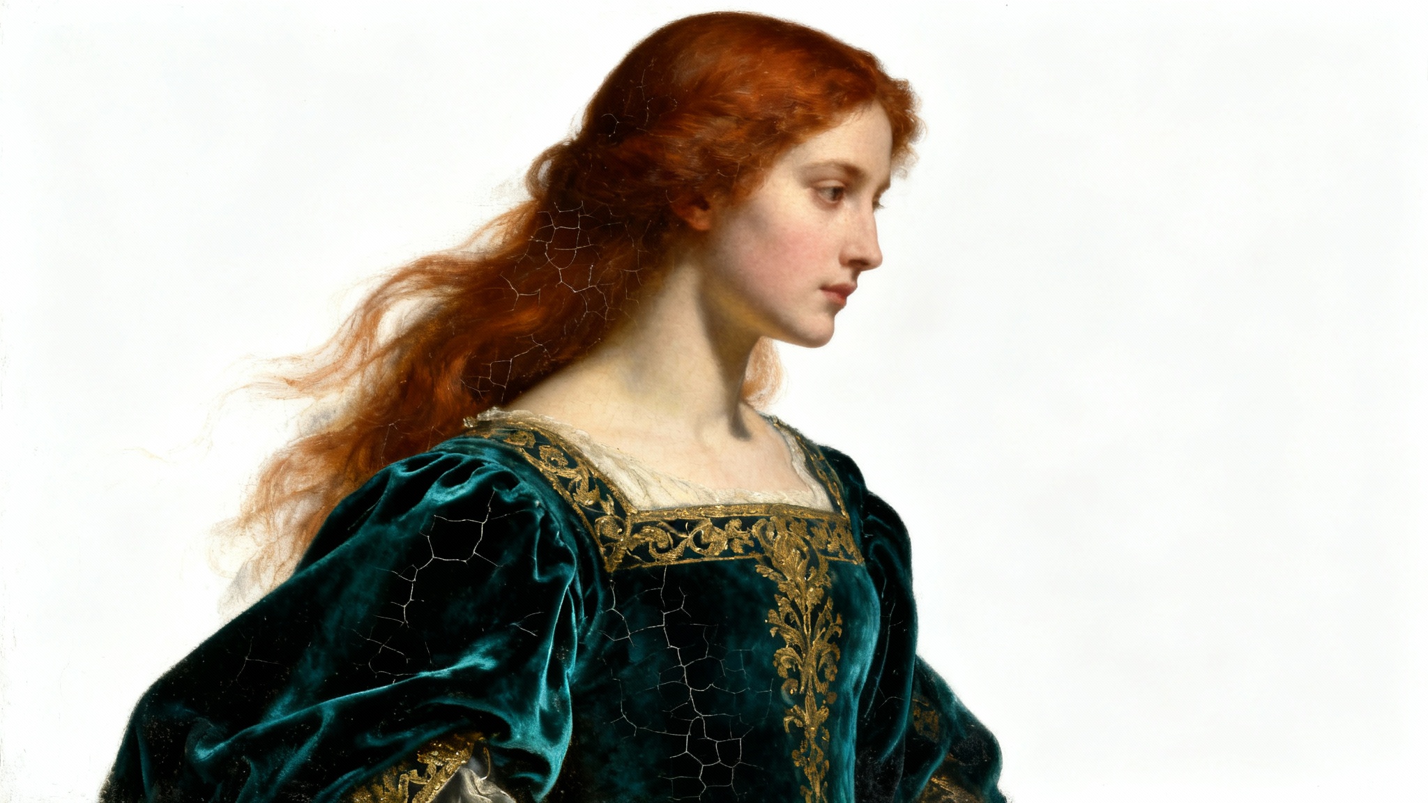 A Renaissance-style oil portrait of a woman with auburn hair and a teal velvet dress, depicted with dramatic lighting and displayed against a plain white background.
