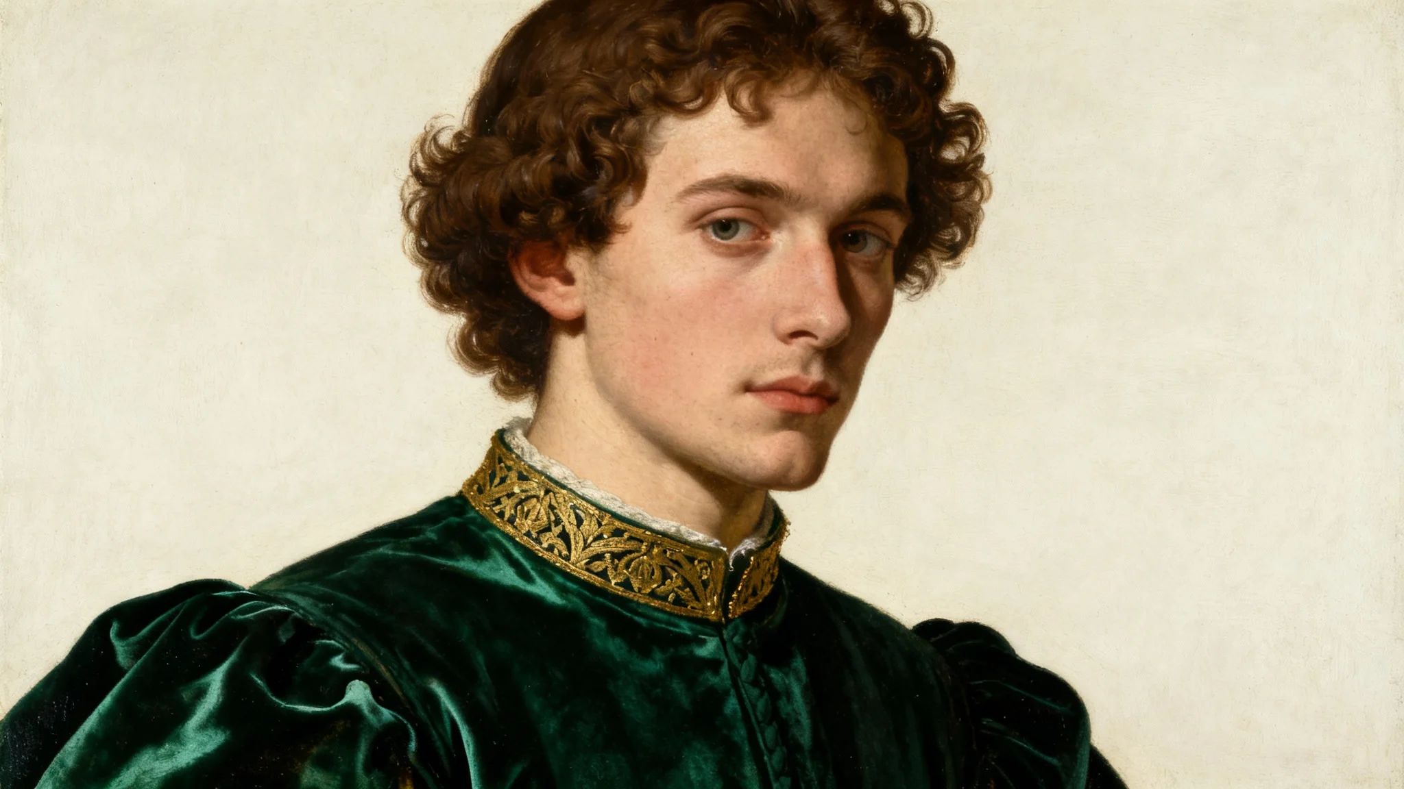 A hyper-realistic Renaissance-style portrait of a young man in an ornate green doublet, set against a plain white background, illustrating a classic art style.