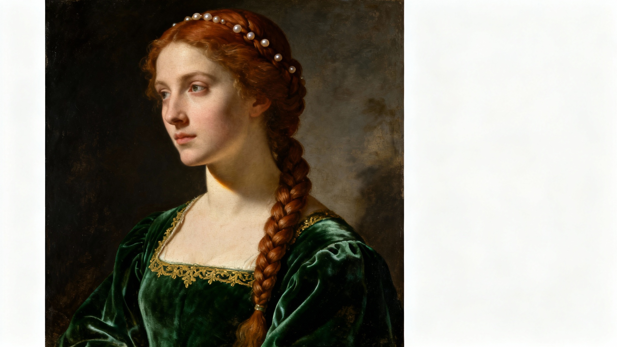 A Renaissance-style oil painting of a woman with braided hair, wearing a green velvet gown, set against a dark background. The portrait is displayed on a white surface.