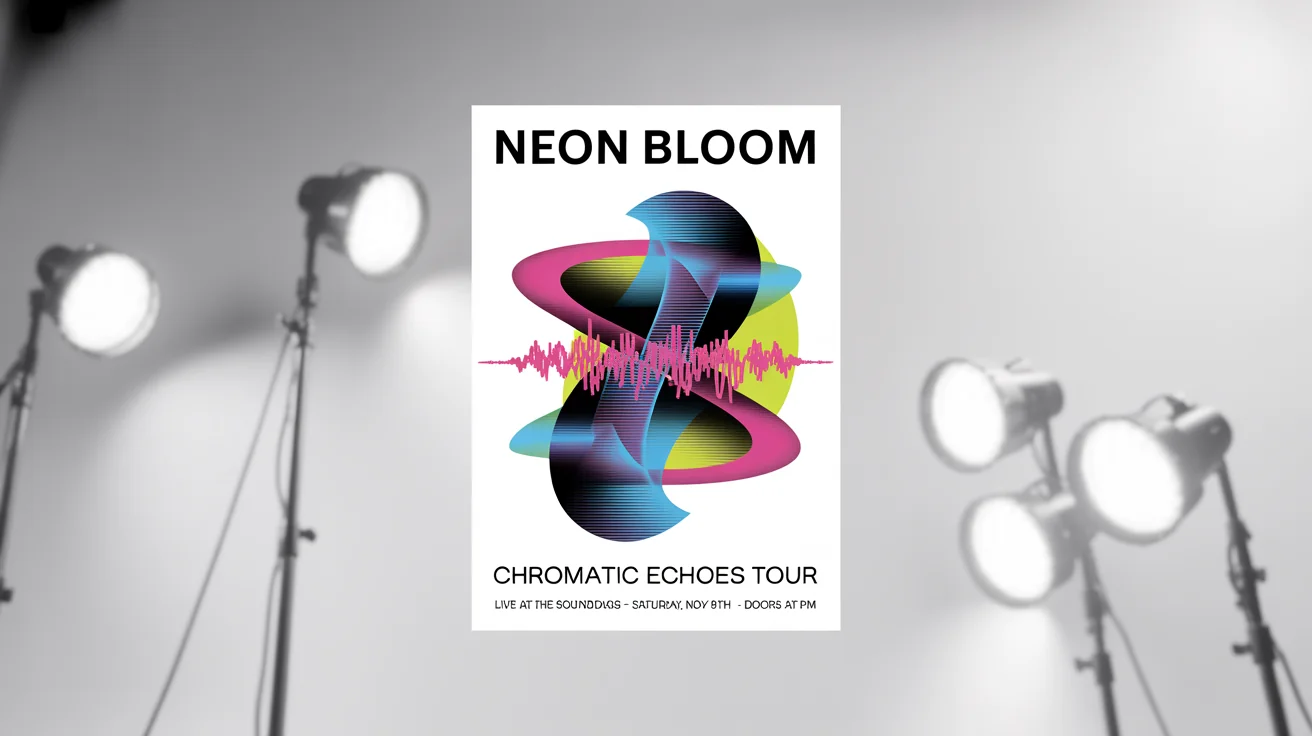 An eye-catching mockup of a vibrant poster for a band called 'Neon Bloom', advertising their 'Chromatic Echoes Tour'. The poster has a modern, abstract design and is set against a plain white background.