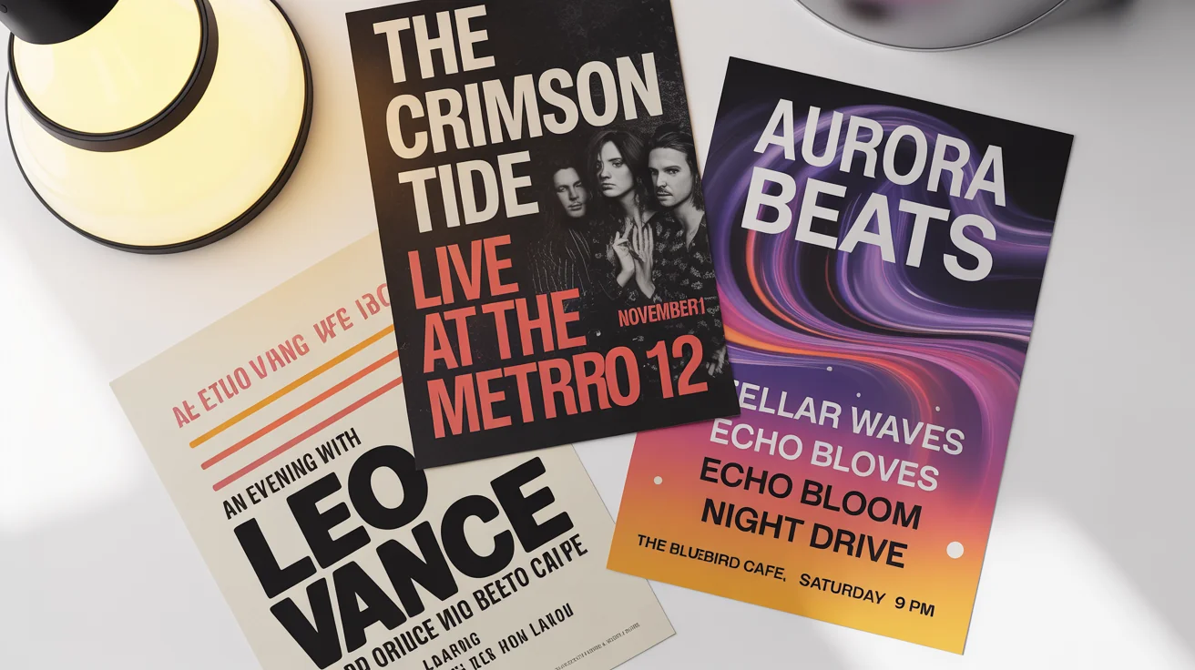 A professional mockup displaying three different music event posters on a white surface. The posters feature fictional band names, event titles like 'AURORA BEATS', and venue details, showcasing diverse and eye-catching design styles.