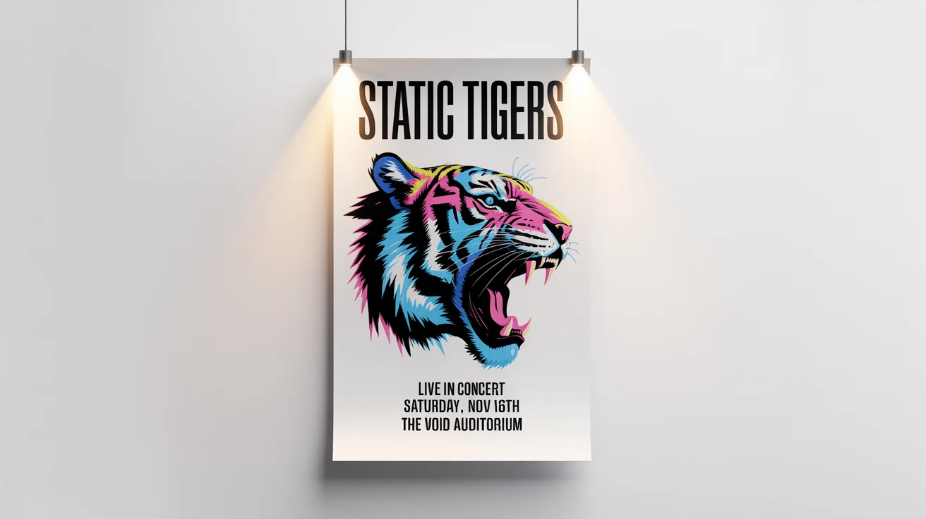 A vibrant and modern mockup of a gig poster for a band called 'Static Tigers', featuring a stylized tiger head and event details against a white background.