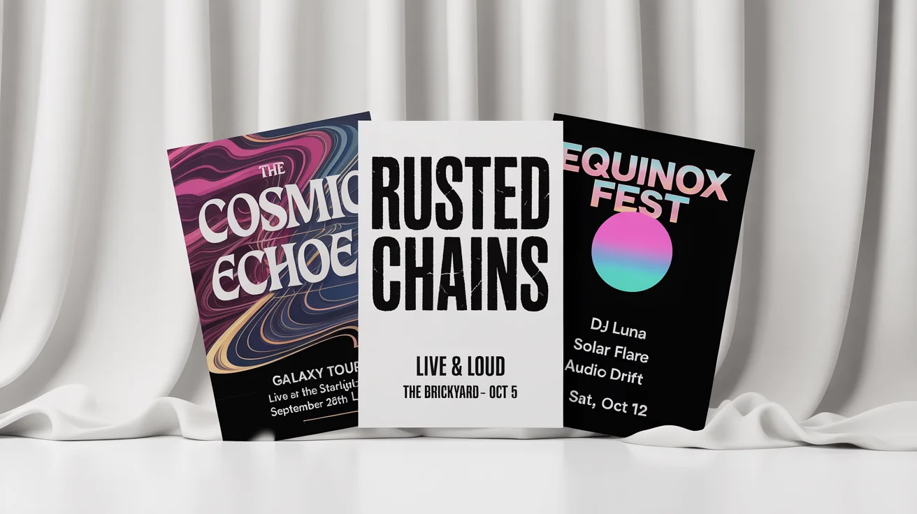 A mockup of three different music posters for live events, displayed against a white background. One is a psychedelic indie poster, one is a gritty rock poster, and one is a vibrant electronic music festival poster.