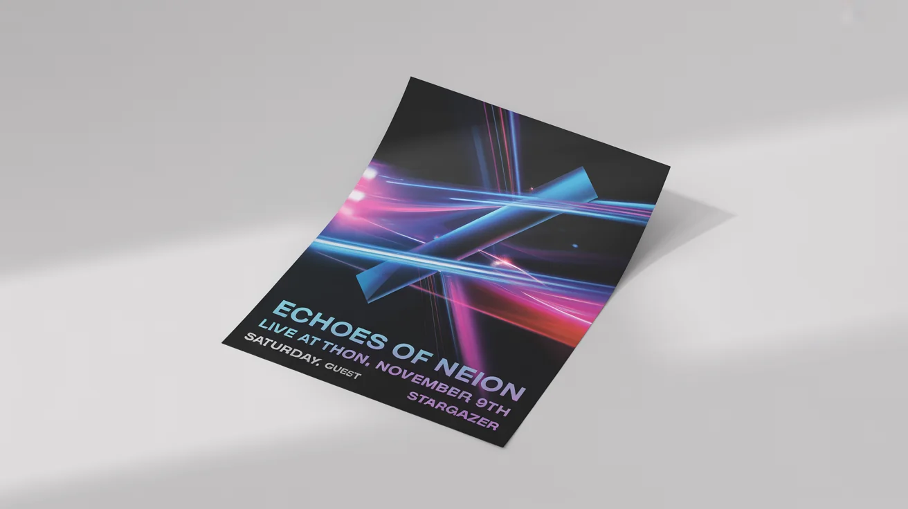 A mockup of an eye-catching poster for a music event called 'Echoes of Neon', featuring vibrant colors and modern typography, displayed on a clean white background.