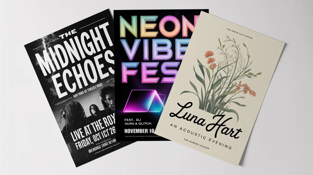 A vibrant mockup of three different music posters for a rock band, an electronic festival, and a folk artist, showcasing diverse and eye-catching design styles on a clean white background.