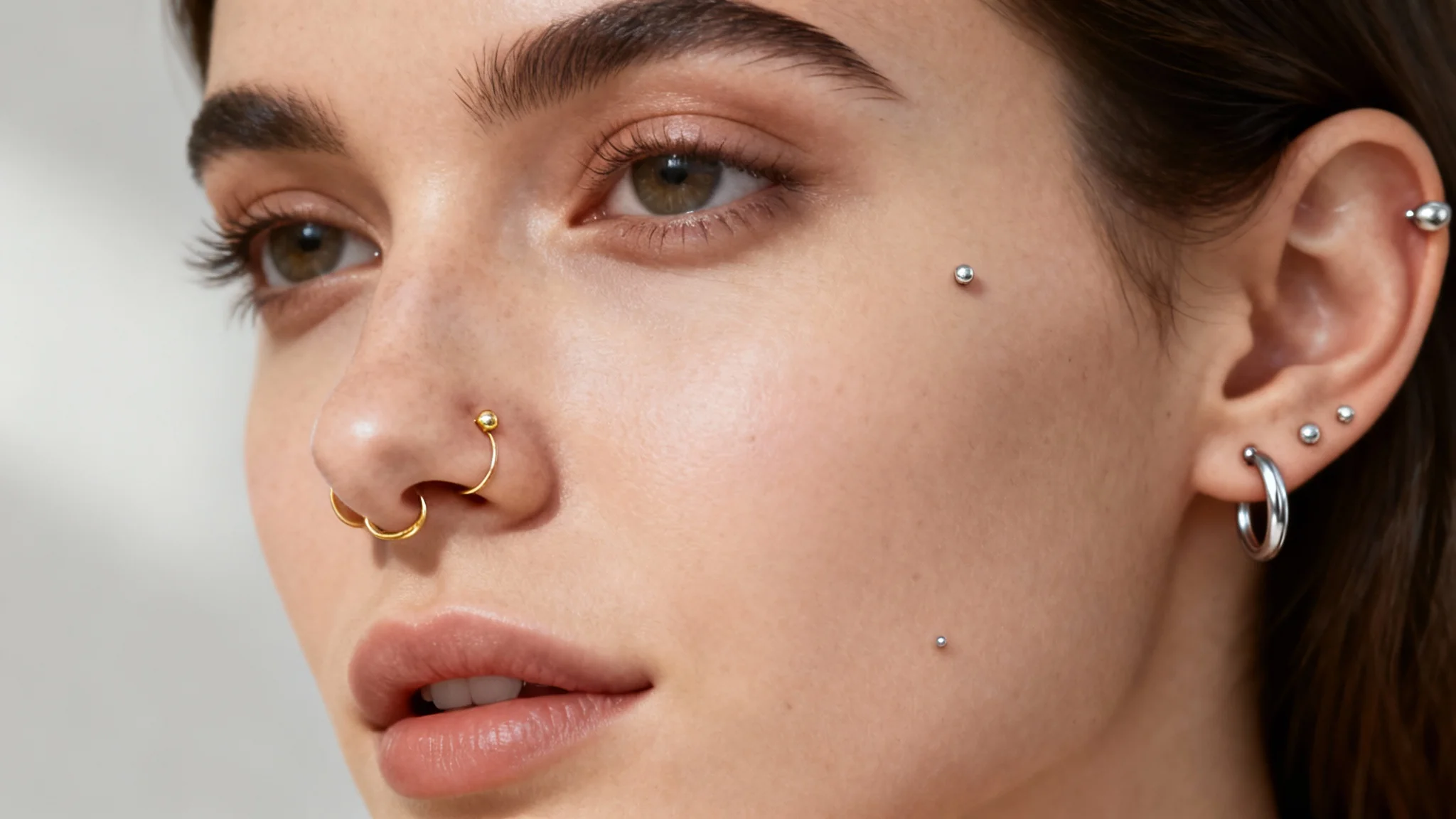 A close-up of a person's face showing the realistic result of a virtual piercing try-on tool, with digitally applied studs on their ear and nose.