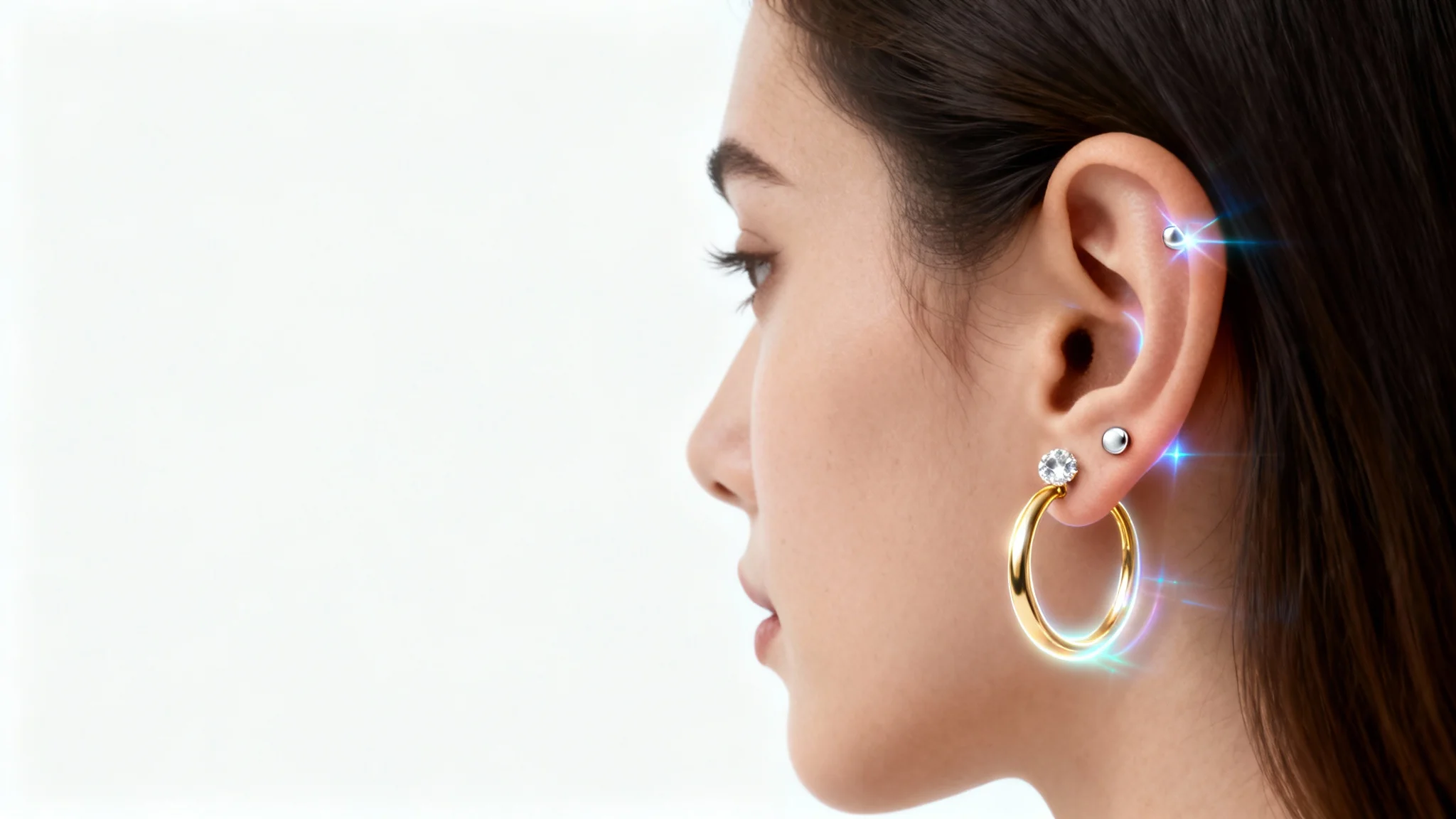 A hyper-realistic close-up of a woman's ear with several glowing, holographic piercings virtually placed on the lobe, tragus, and helix, set against a clean white background.