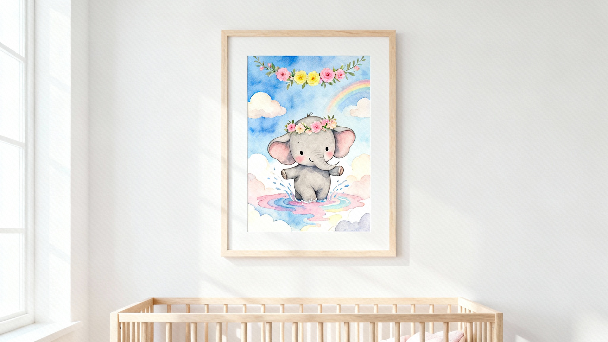 A beautifully framed piece of wall art featuring a cute baby elephant splashing in a puddle, hanging in a bright and modern nursery above a crib.