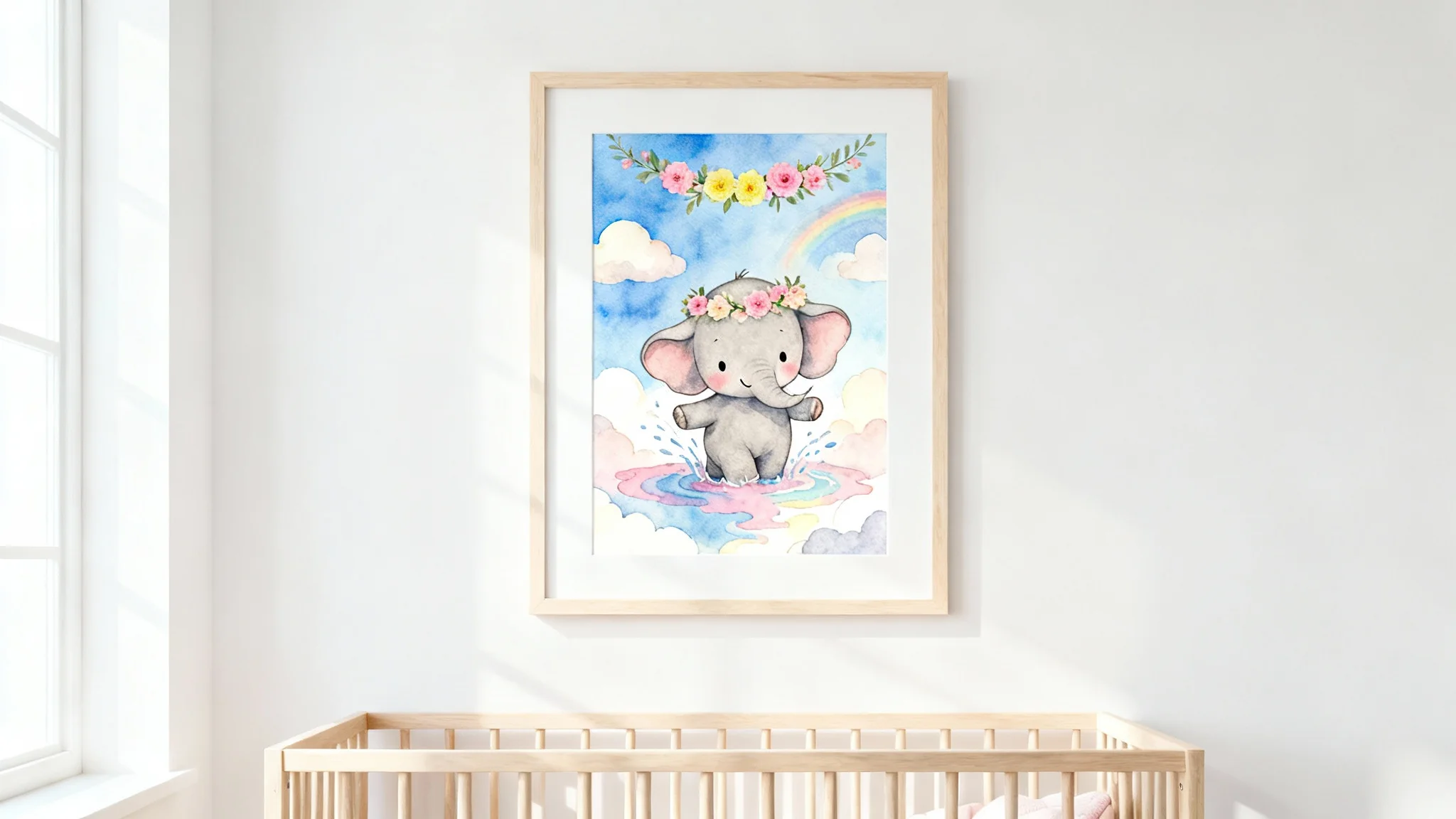 A beautifully framed piece of wall art featuring a cute baby elephant splashing in a puddle, hanging in a bright and modern nursery above a crib.