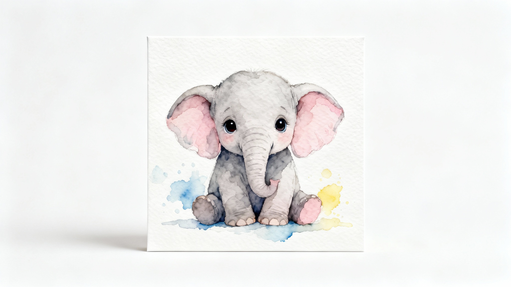 A whimsical watercolor wall art print of a cute baby elephant, shown against a clean white background.