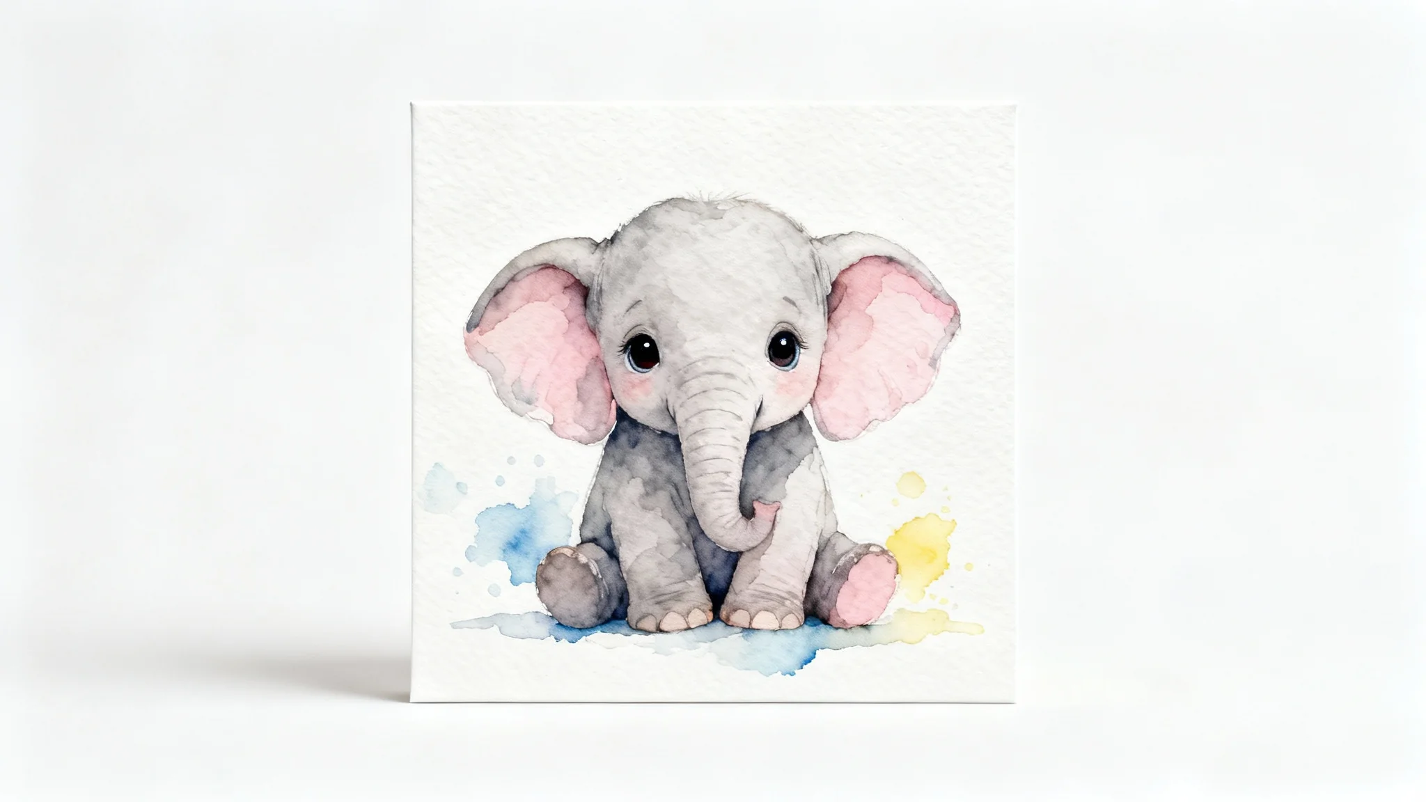 A whimsical watercolor wall art print of a cute baby elephant, shown against a clean white background.