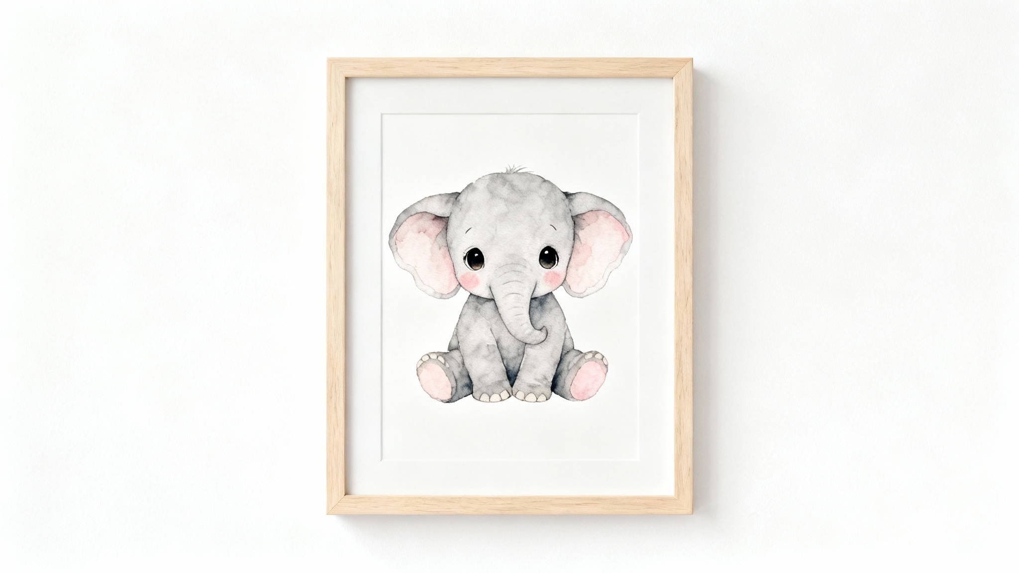 A product mockup of a framed watercolor painting of a cute baby elephant, suitable for a nursery, displayed against a plain white background.