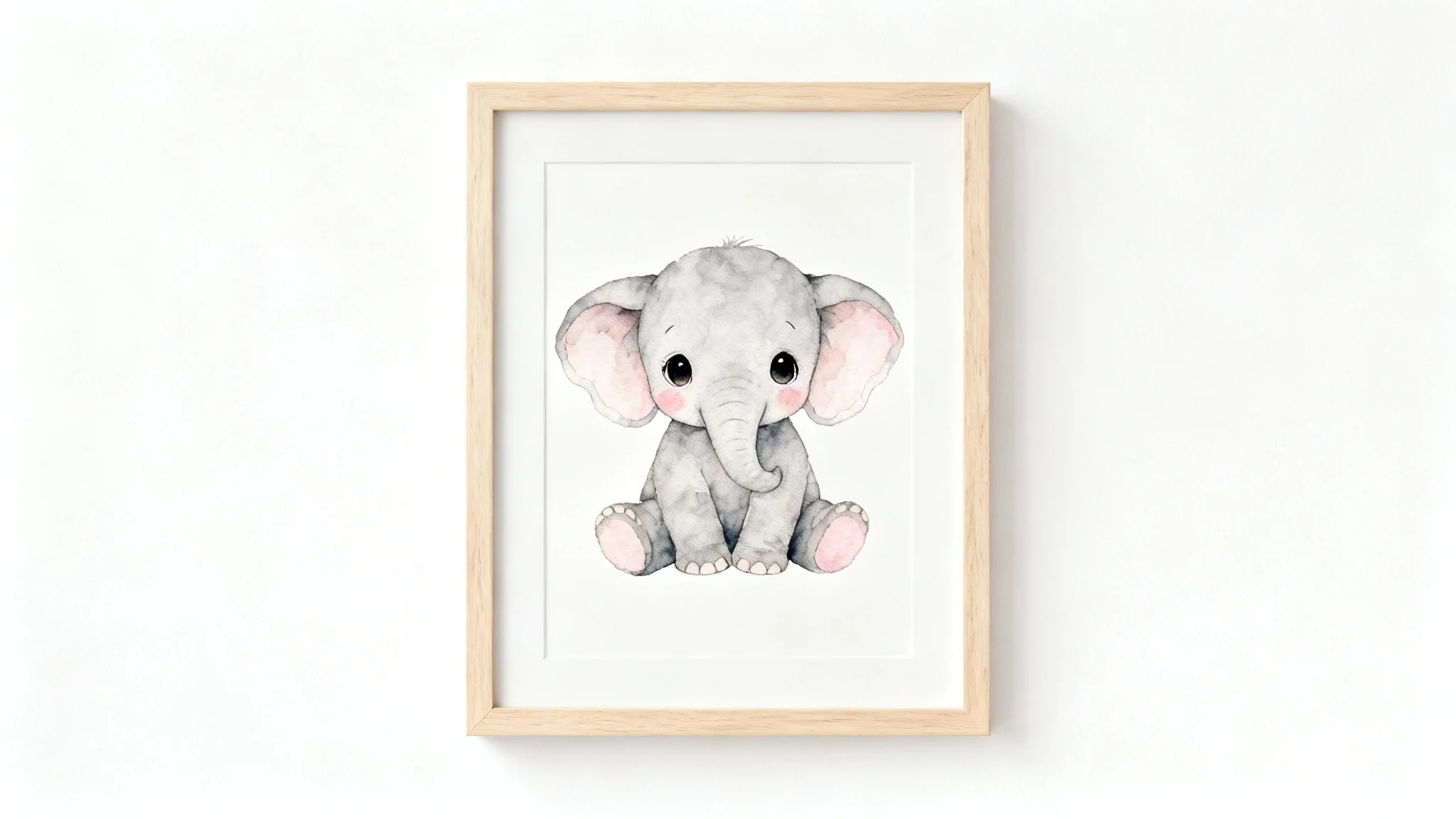 A product mockup of a framed watercolor painting of a cute baby elephant, suitable for a nursery, displayed against a plain white background.