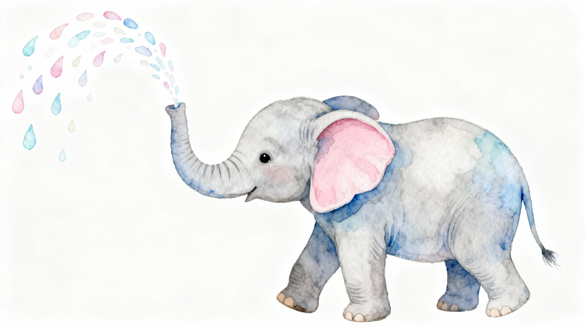 A whimsical watercolor wall art illustration of a baby elephant playfully spraying water, on a clean white background.