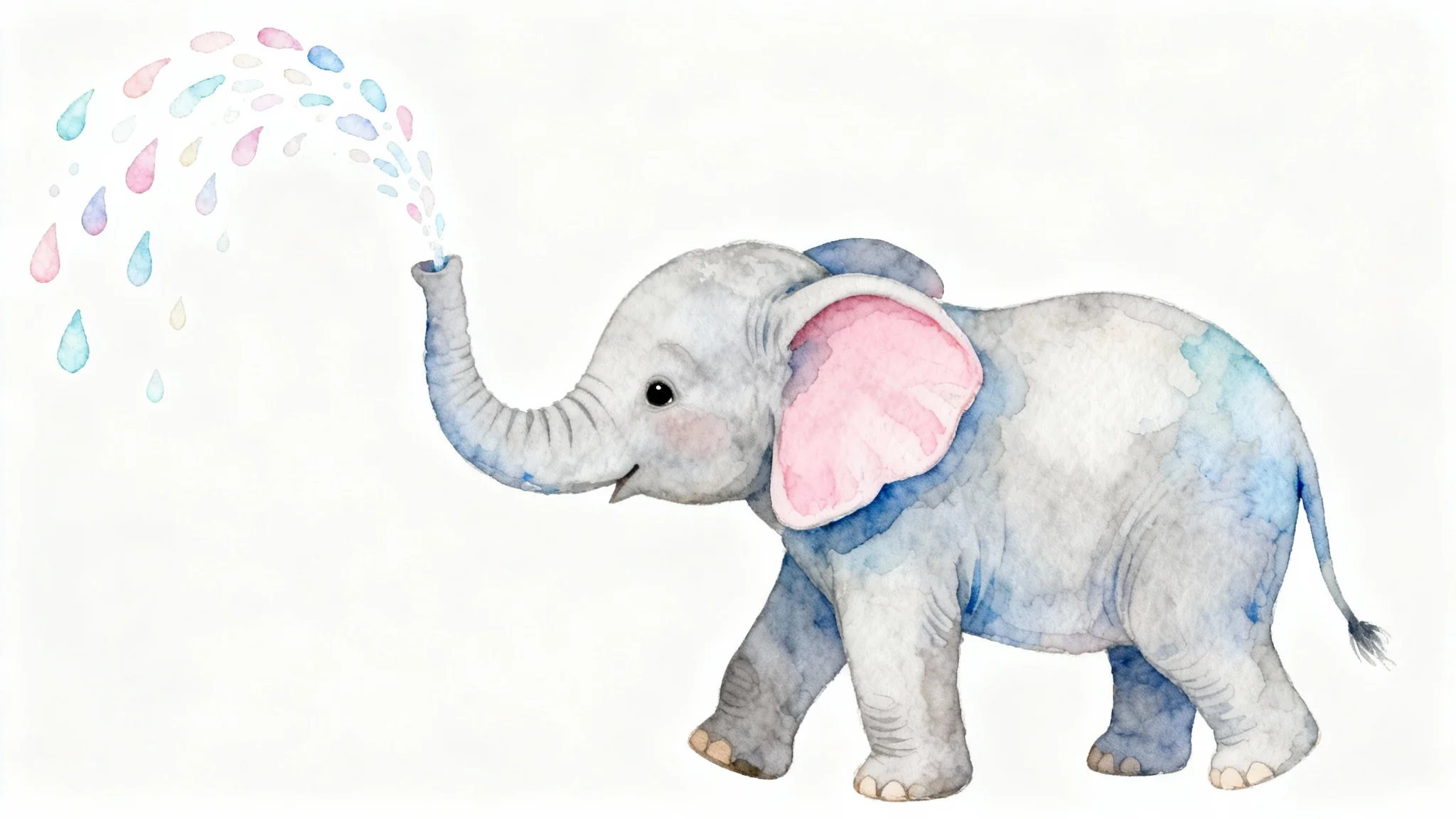 A whimsical watercolor wall art illustration of a baby elephant playfully spraying water, on a clean white background.