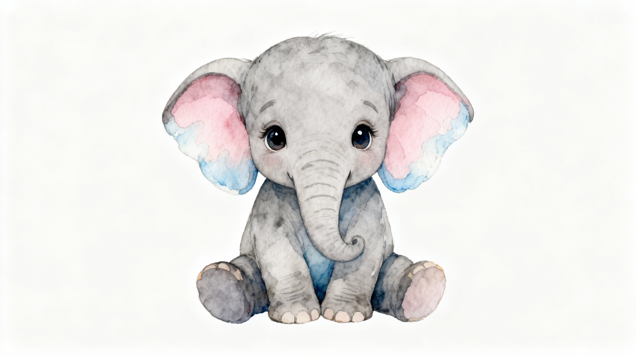 A watercolor-style wall art print of a cute baby elephant sitting down, shown against a plain white background.
