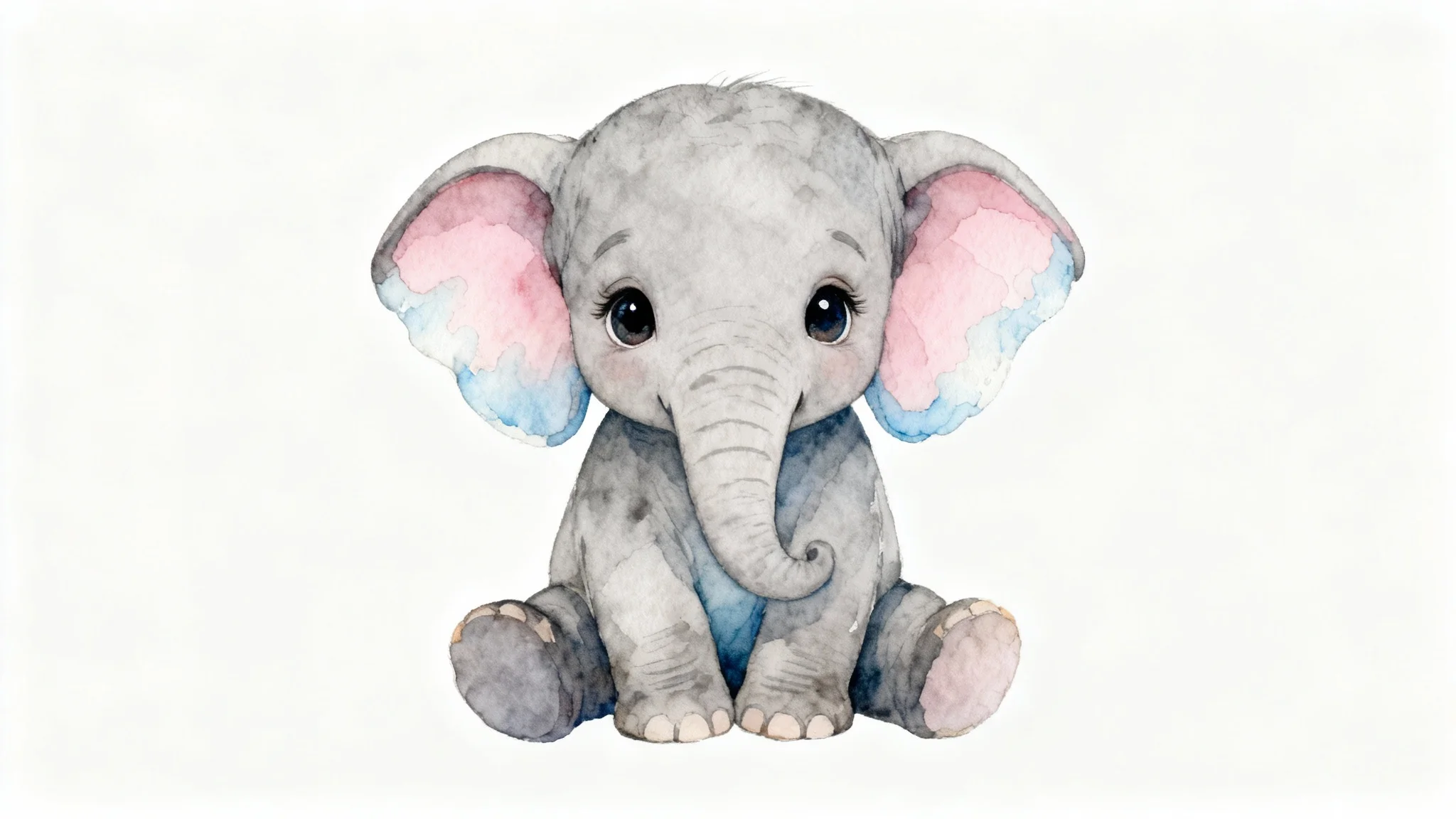 A watercolor-style wall art print of a cute baby elephant sitting down, shown against a plain white background.
