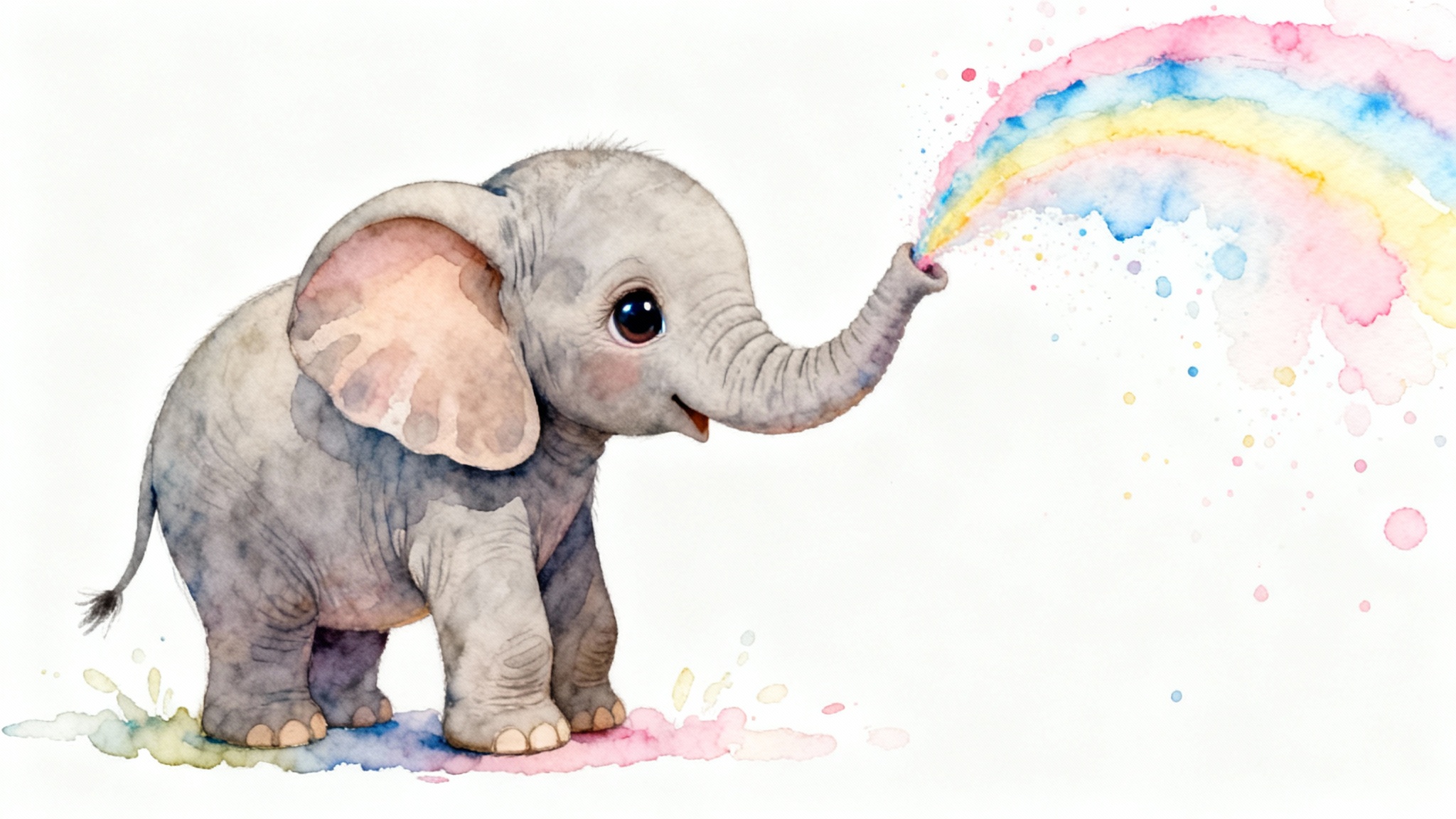 A whimsical watercolor illustration of a baby elephant with large eyes, playfully spraying a rainbow of pastel-colored paint from its trunk, depicted as wall art on a clean white background.