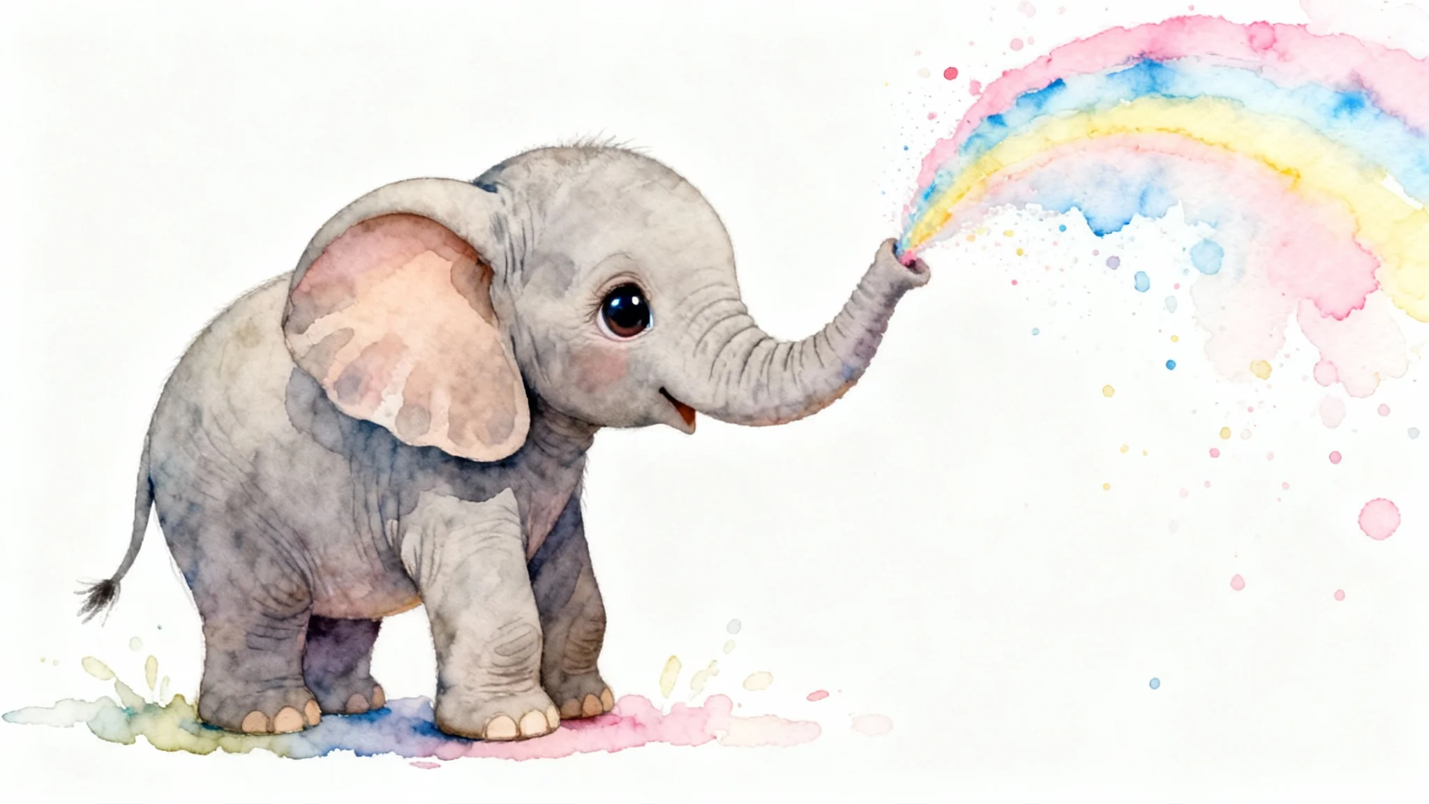 A whimsical watercolor illustration of a baby elephant with large eyes, playfully spraying a rainbow of pastel-colored paint from its trunk, depicted as wall art on a clean white background.