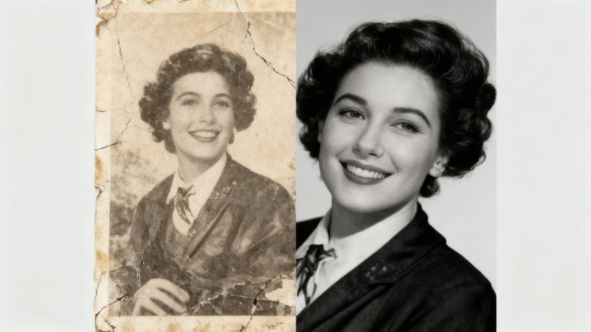 A before-and-after comparison of a photo restoration. The left side shows an old, damaged sepia portrait of a woman. The right side shows the same portrait perfectly restored and colorized, looking sharp and vibrant.