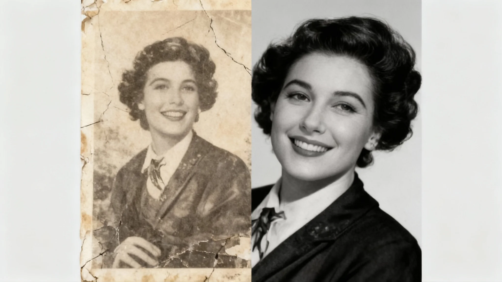 A before-and-after comparison of a photo restoration. The left side shows an old, damaged sepia portrait of a woman. The right side shows the same portrait perfectly restored and colorized, looking sharp and vibrant.