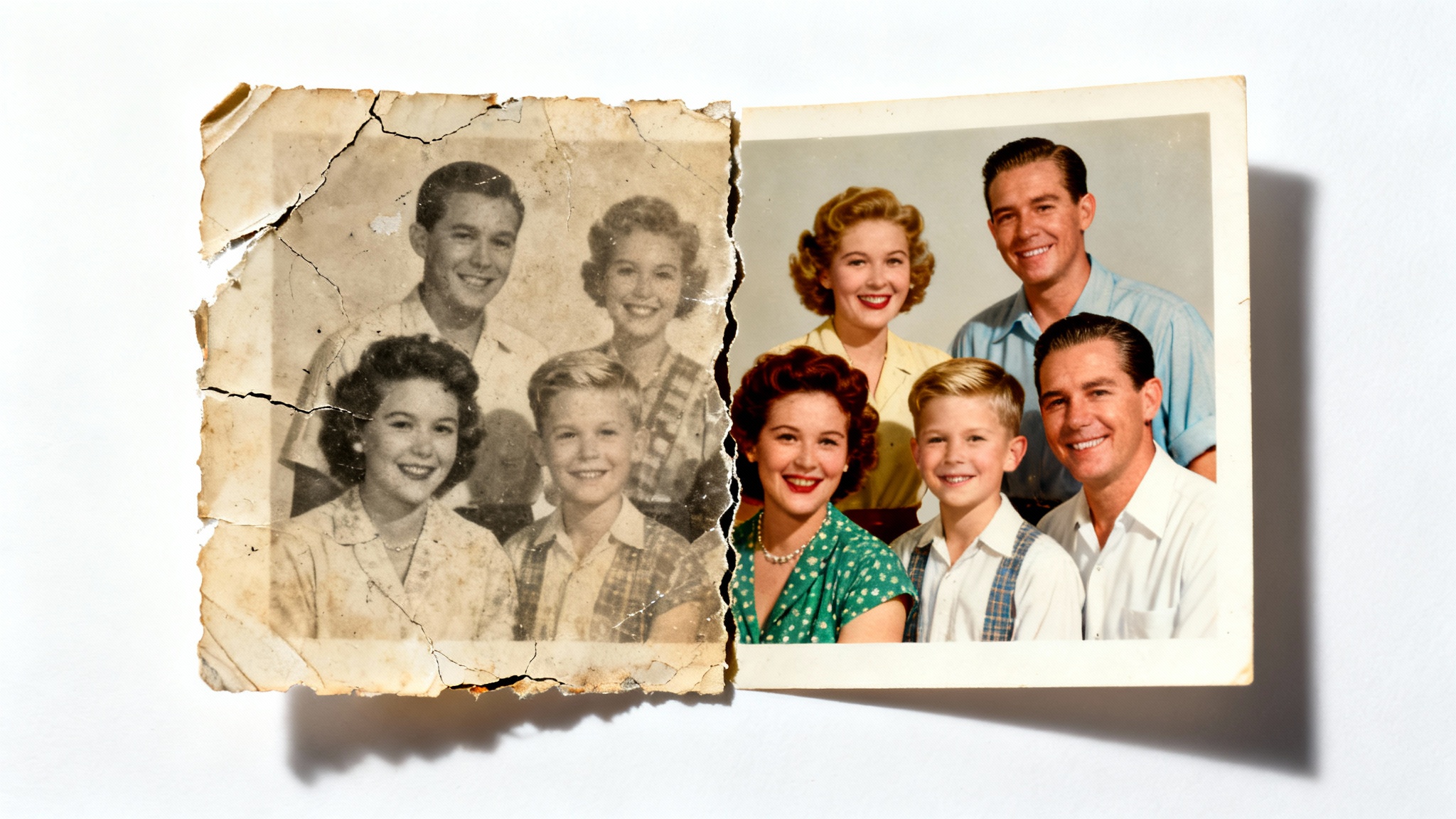 A before-and-after image showing the power of photo restoration. The left side of a vintage family portrait is old and damaged, while the right side is fully restored in vibrant color and perfect clarity.
