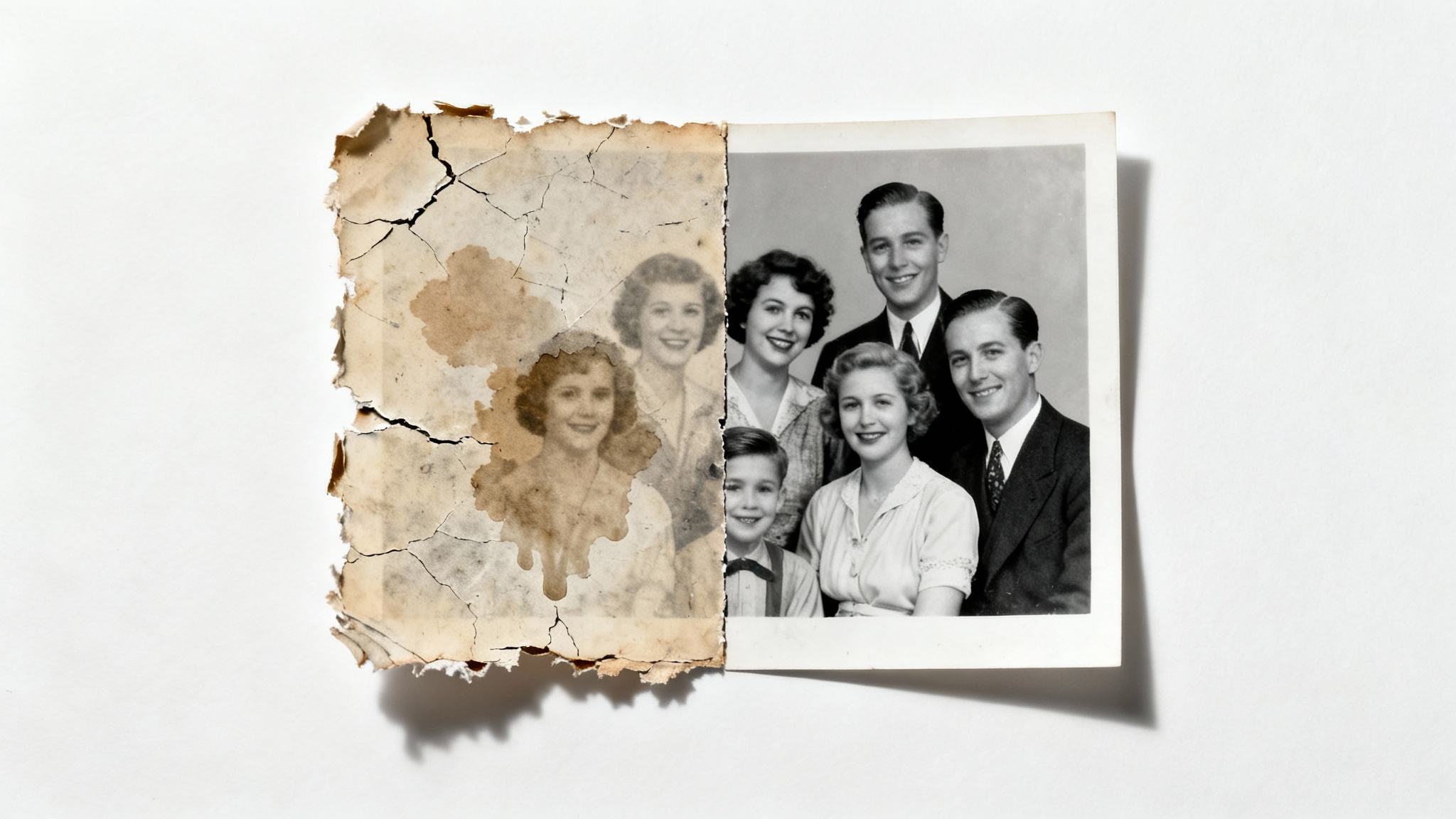 An antique photograph laid on a white surface, split down the middle to show a before-and-after restoration. The left side is faded, sepia, and damaged, while the right side is a perfectly clear, restored black and white version of the same family portrait.