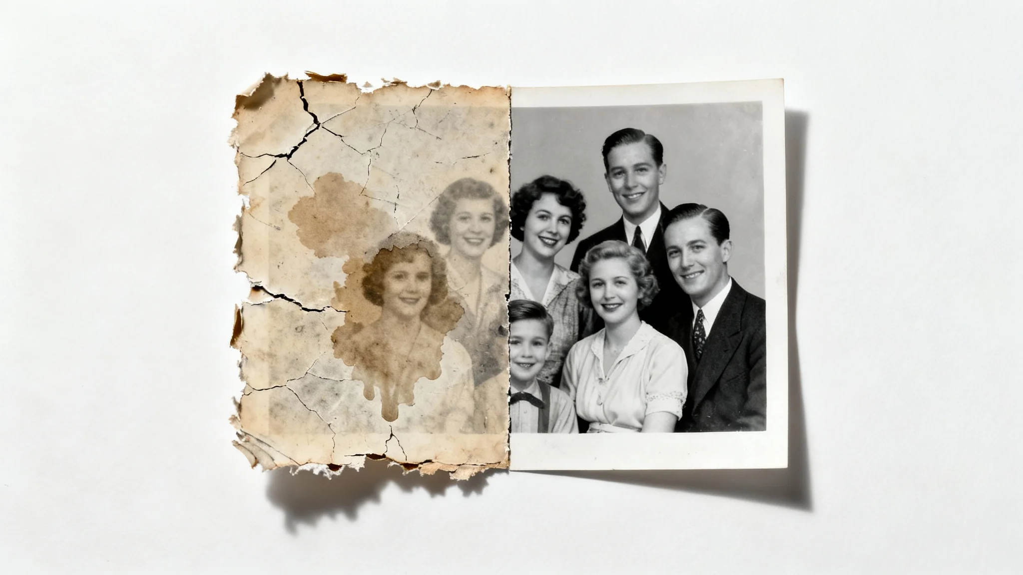 An antique photograph laid on a white surface, split down the middle to show a before-and-after restoration. The left side is faded, sepia, and damaged, while the right side is a perfectly clear, restored black and white version of the same family portrait.