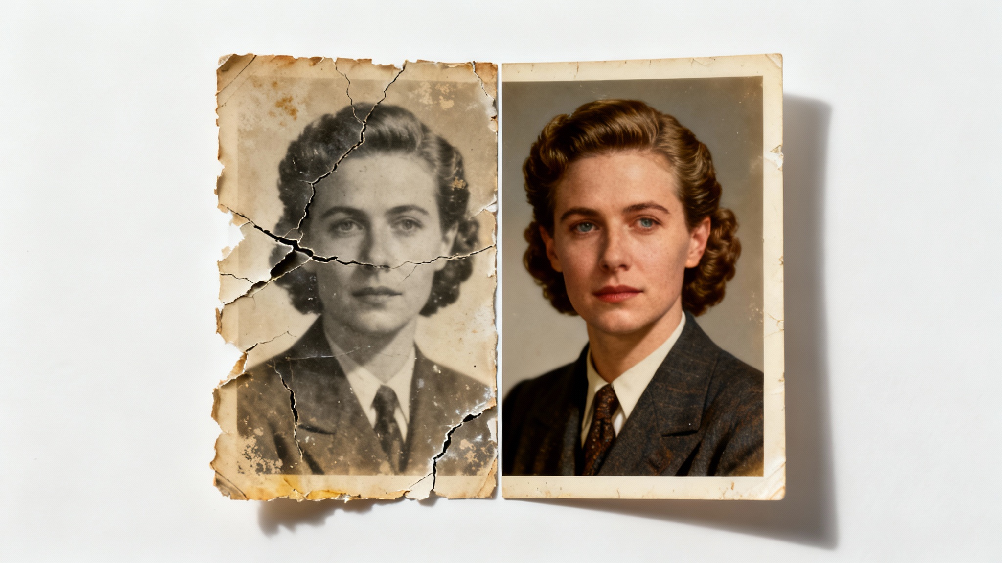 A before-and-after comparison of a restored photograph. The left half is old, cracked, and faded, while the right half is clear, colorful, and fully restored, demonstrating the effect of photo restoration.
