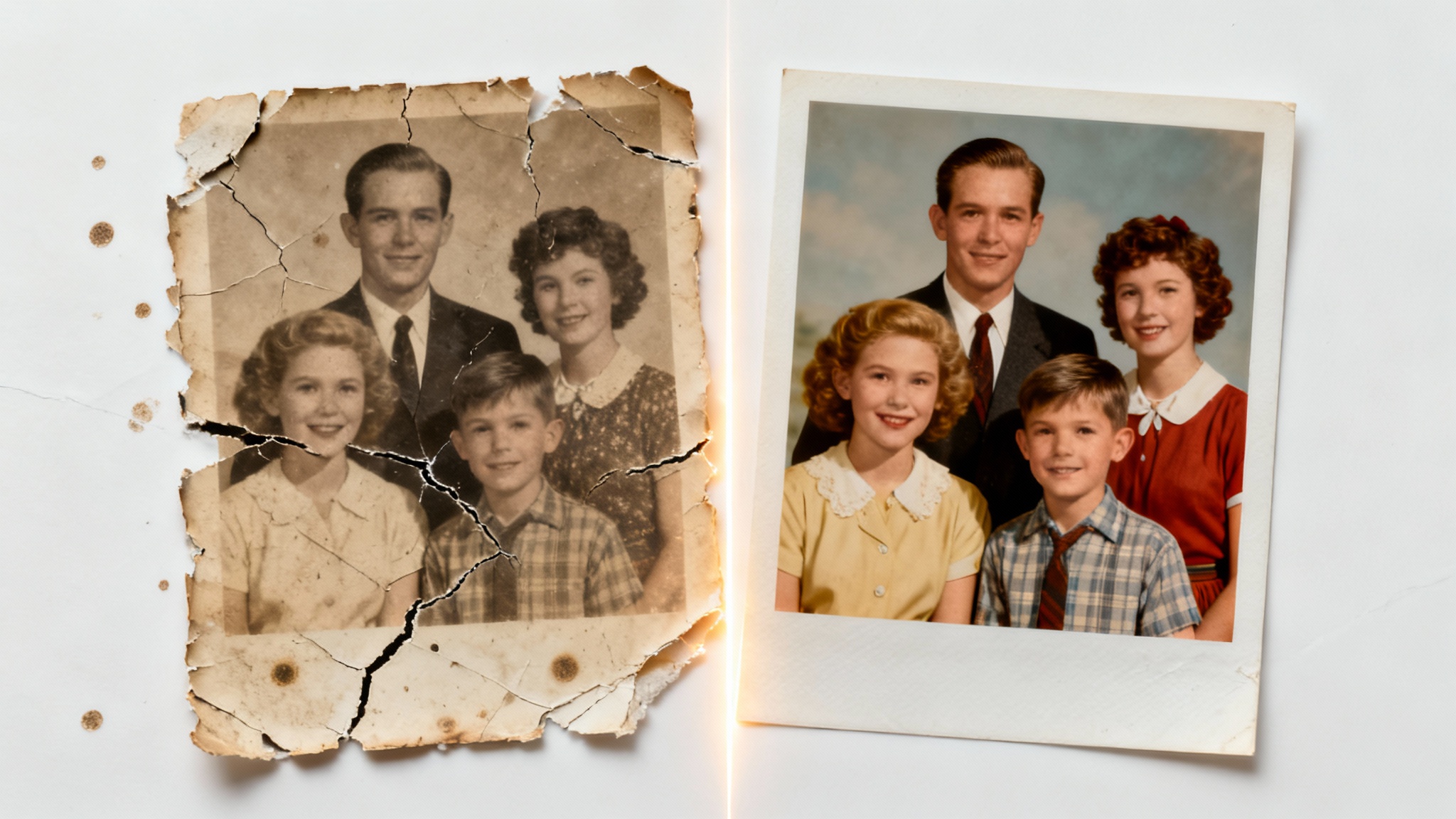 A split image demonstrating photo restoration: the left side shows an old, cracked, and faded family portrait, while the right side shows the same photo fully restored, clear, and vibrant.