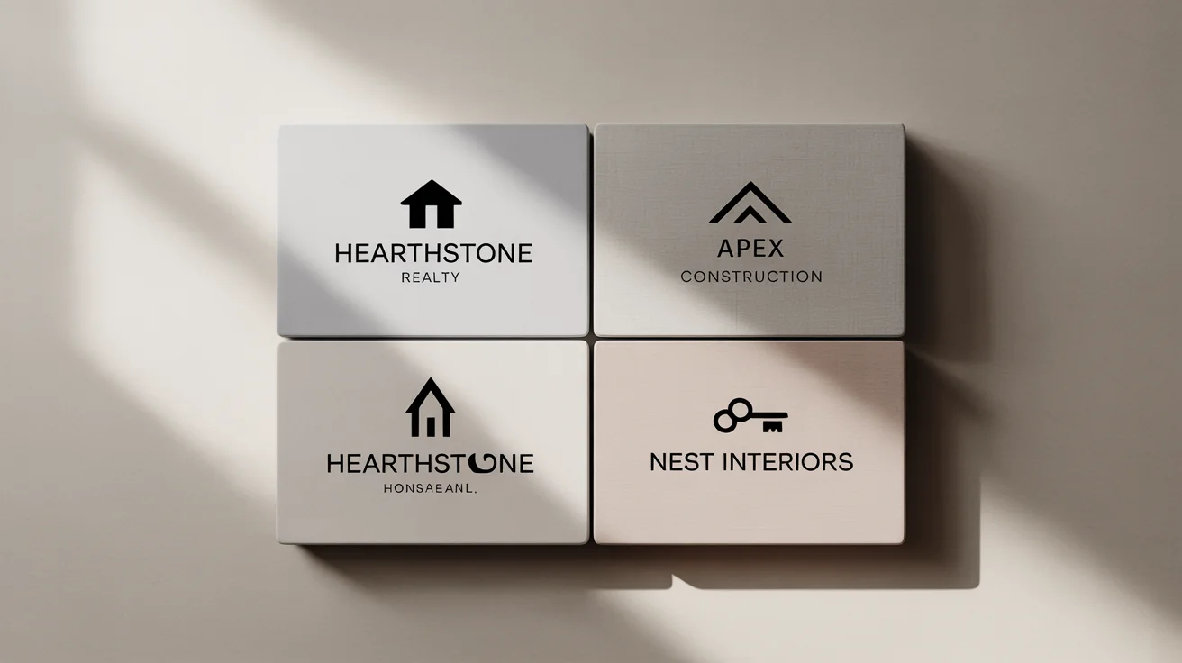 A showcase of several modern, professionally designed logos for home-related businesses like real estate and construction, displayed on a clean background.