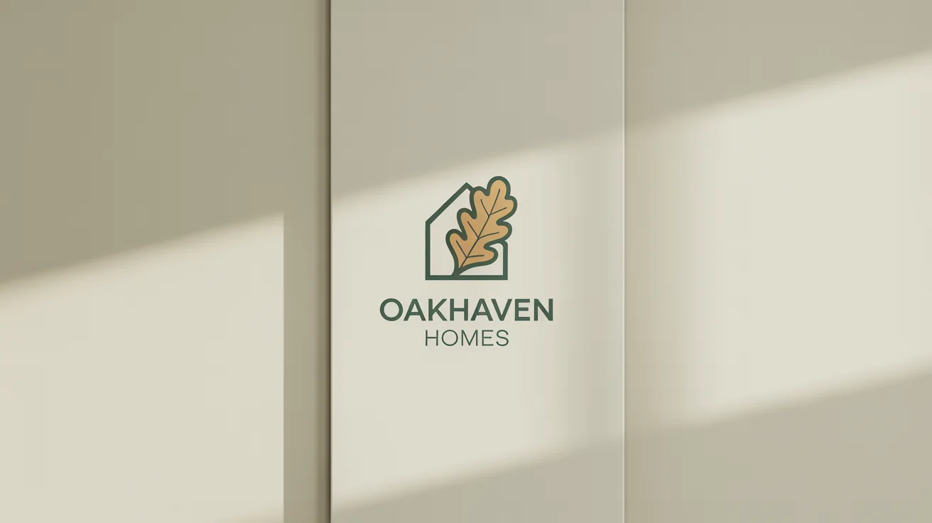 A professional logo mockup for 'Oakhaven Homes' on an off-white background. The logo features a green icon combining a house and an oak leaf, with the company name in a sans-serif font below.