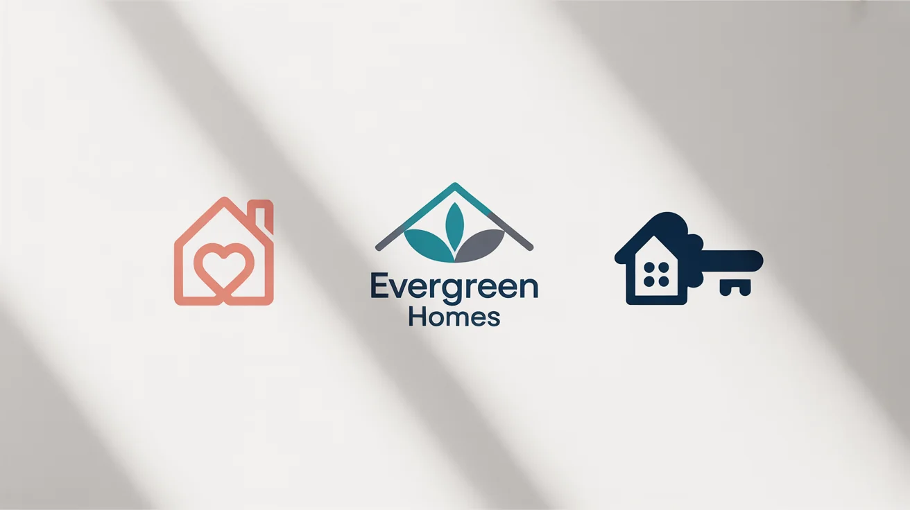 A showcase of three modern, minimalist home logos on a white background. One features a house with a heart, another a roof with a leaf and the text 'Evergreen Homes', and the third a key shaped like a house.