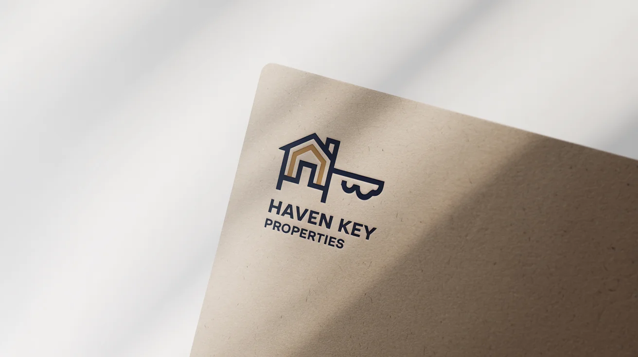 A photorealistic mockup of a modern logo for 'Haven Key Properties', featuring a house and key icon in navy and gold, presented on white cardstock.