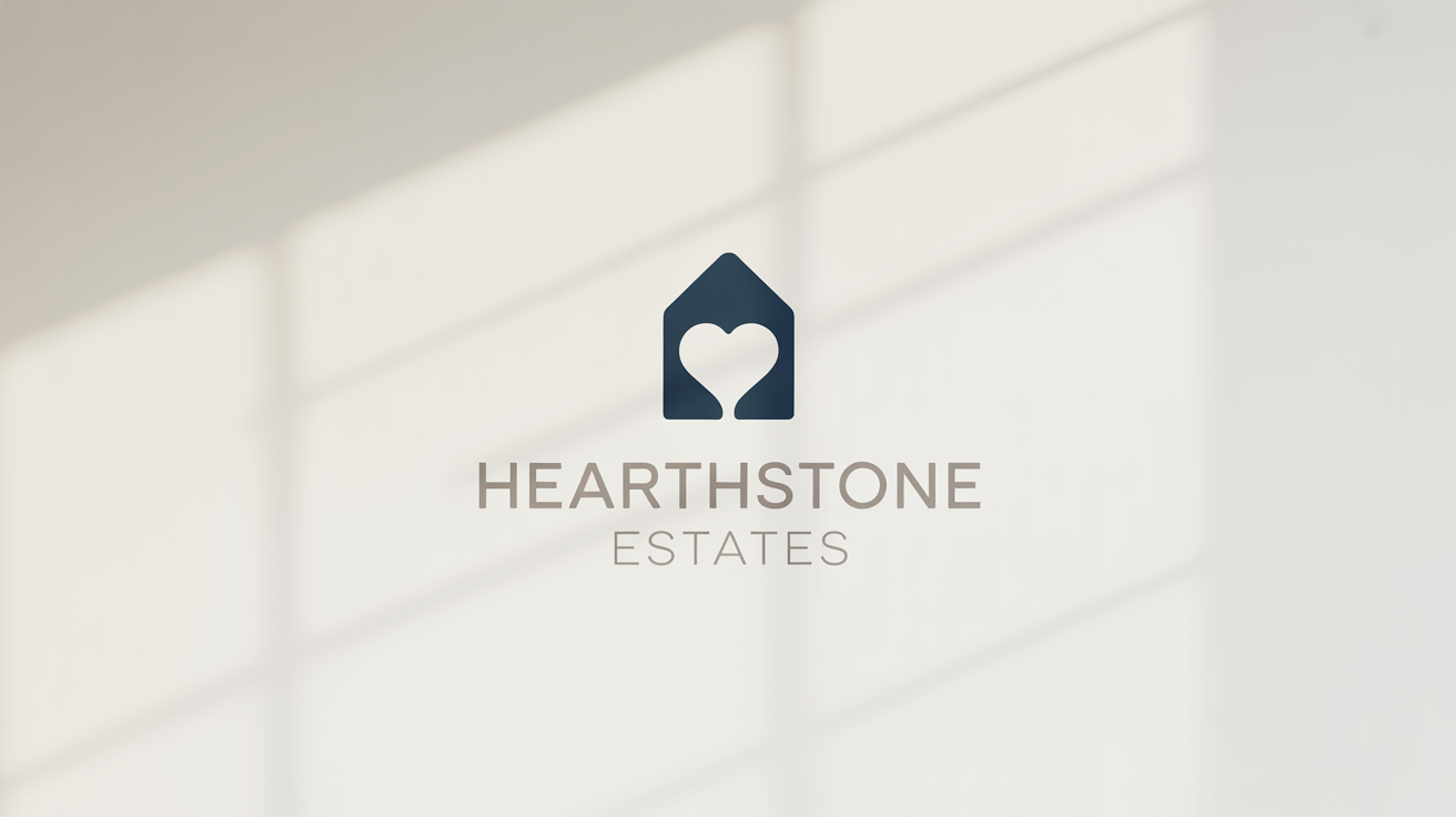 A professional mockup of a modern logo for 'Hearthstone Estates', featuring a minimalist navy blue and gray house icon on a clean white background.