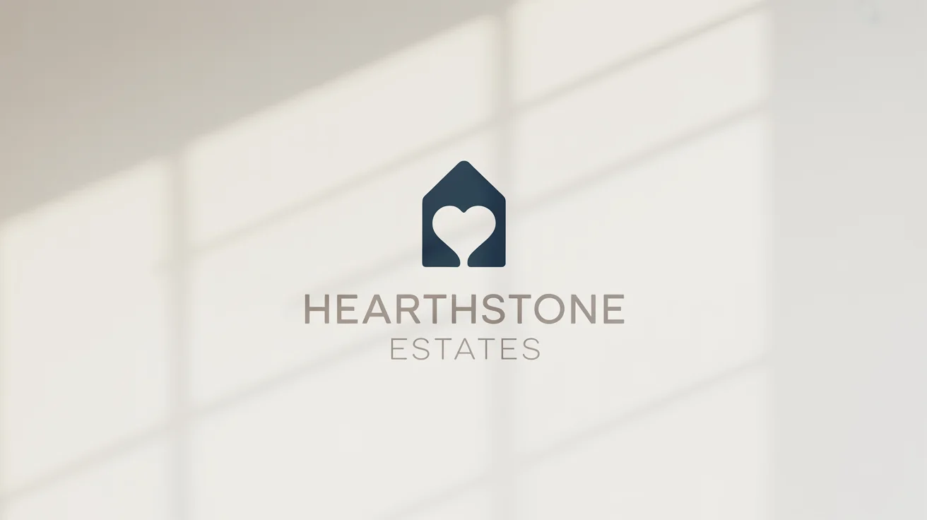 A professional mockup of a modern logo for 'Hearthstone Estates', featuring a minimalist navy blue and gray house icon on a clean white background.