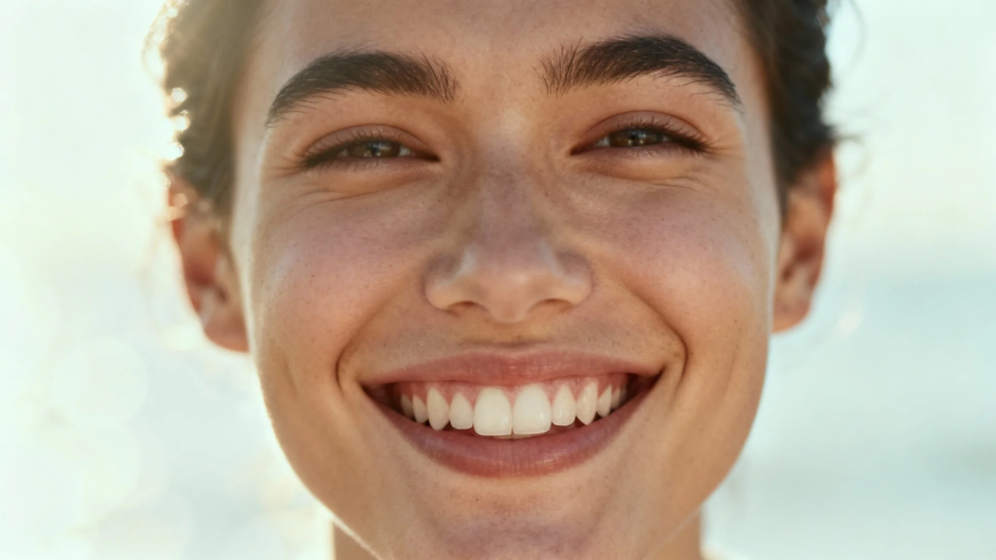 A professional, high-quality portrait of a person with a bright, happy, and natural-looking smile, representing the result of an 'add smile' photo editing feature.