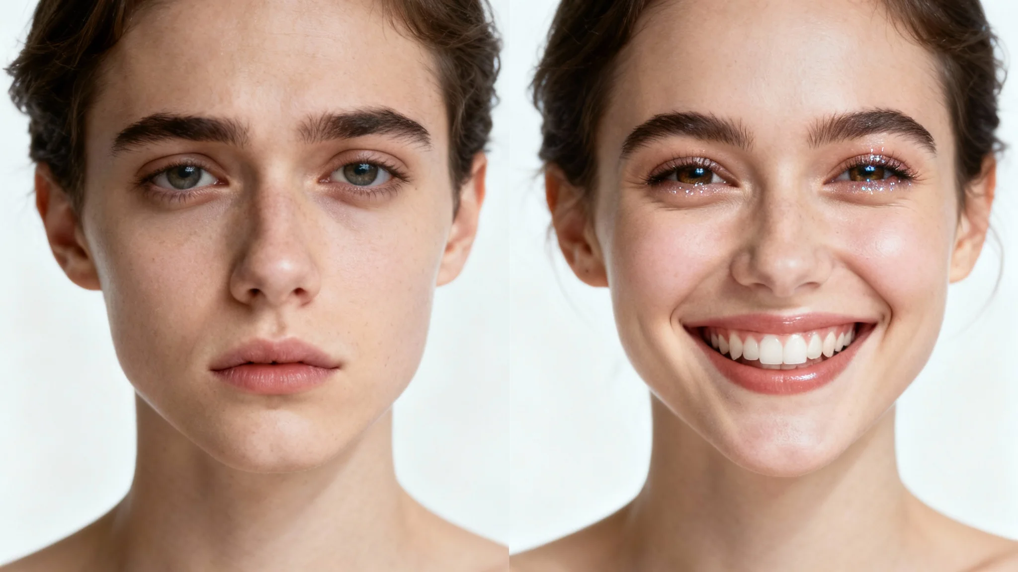 A before-and-after diptych photo. The left side shows a person with a neutral expression, and the right side shows the same person now with a bright, happy smile, against a white background.