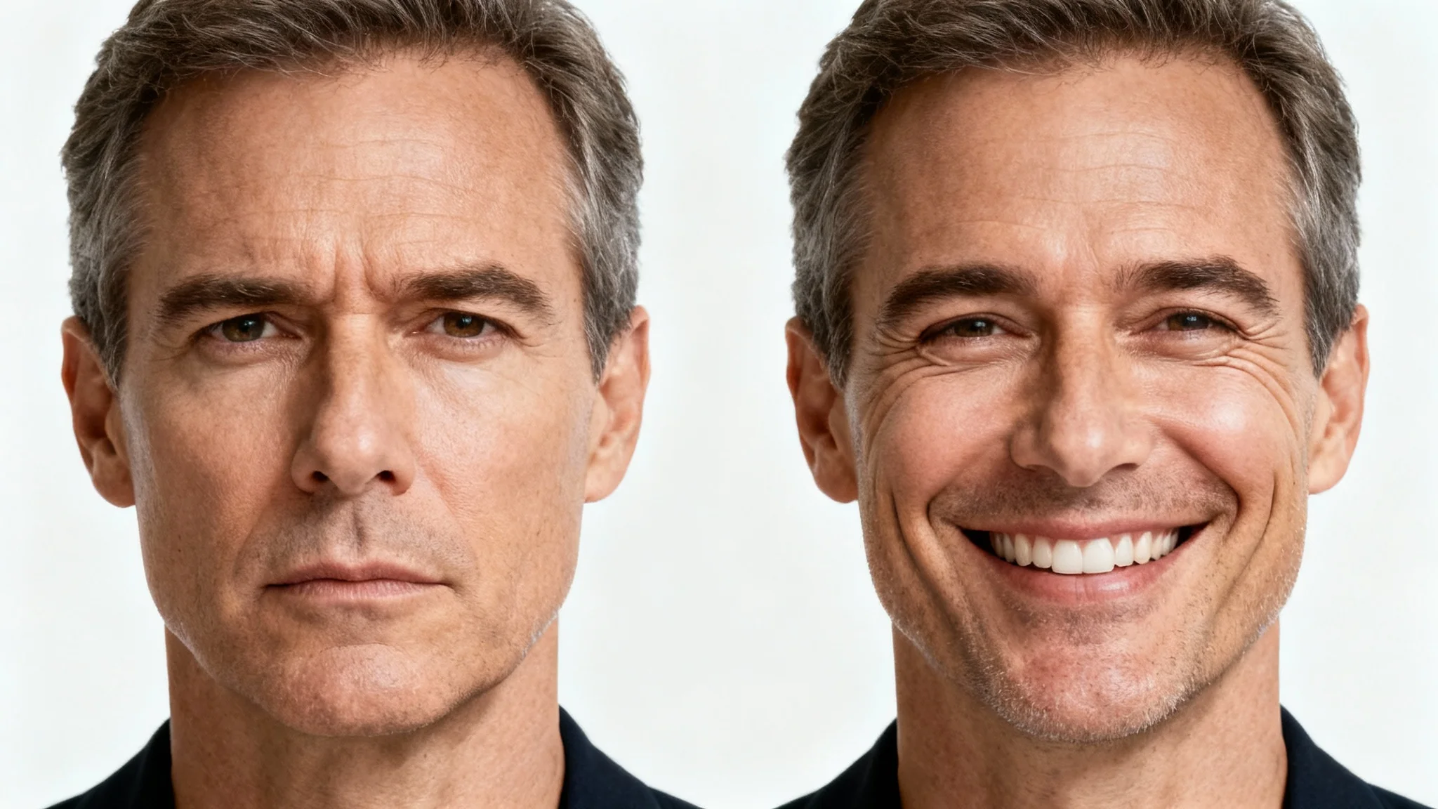 A before-and-after image demonstrating an 'add smile' feature. The left side shows a man with a serious face, and the right side shows the same man smiling warmly.