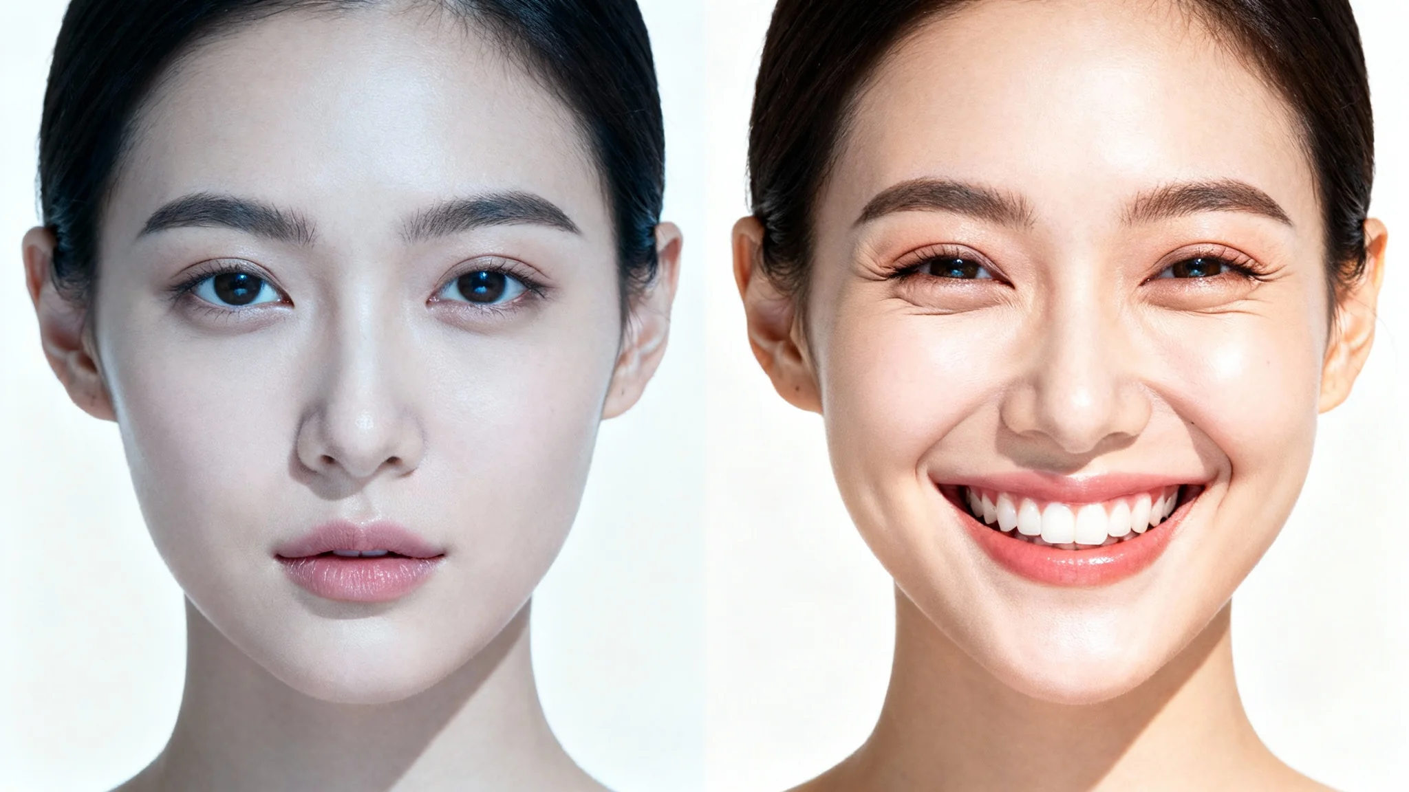 A before-and-after image showing a woman's face. In the 'before' image she has a neutral expression, and in the 'after' image, she is brightly smiling.