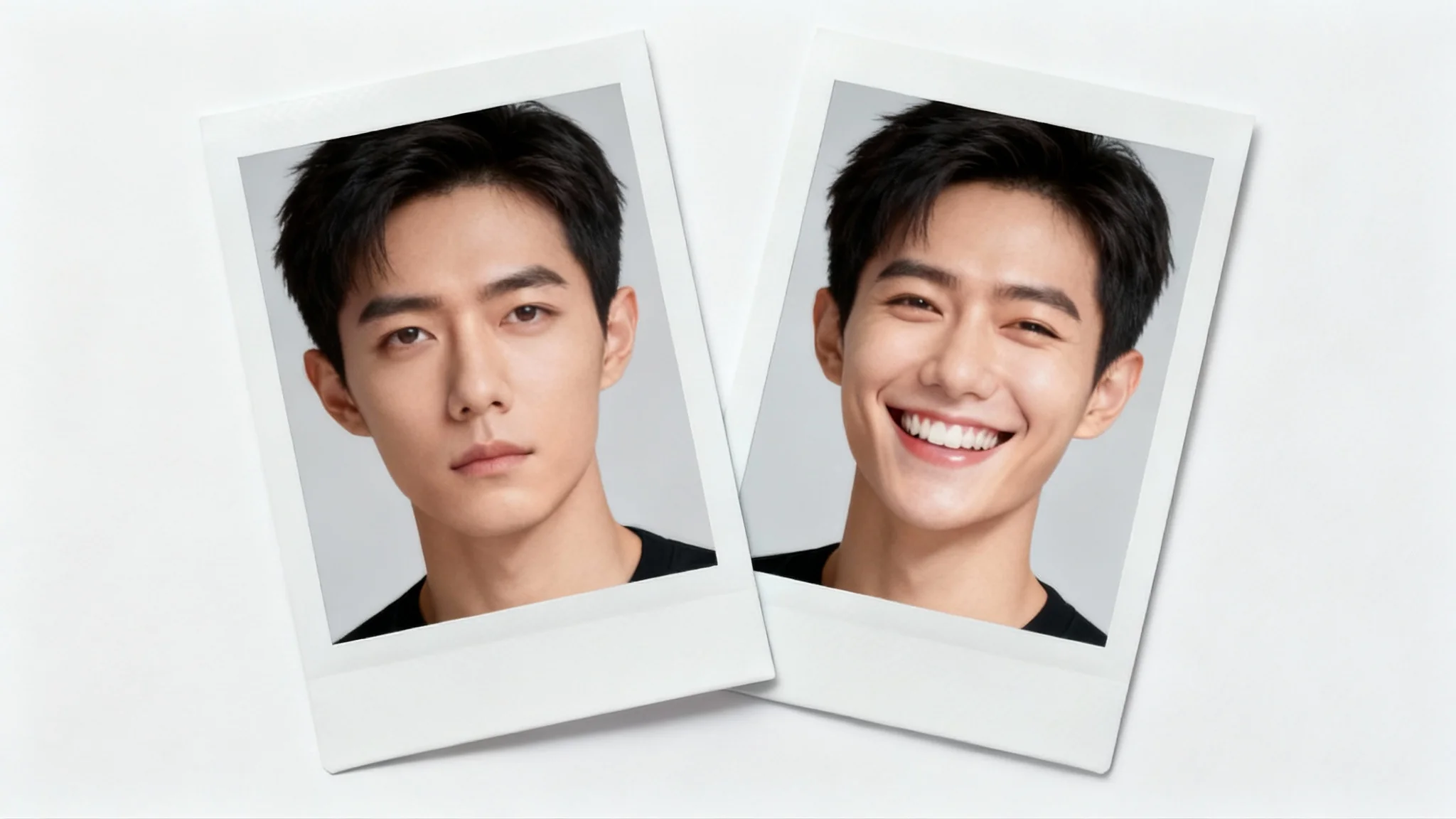 A before-and-after image demonstrating the 'add smile' feature. The left photo shows a person with a neutral expression, and the right photo shows the same person with a beaming smile.