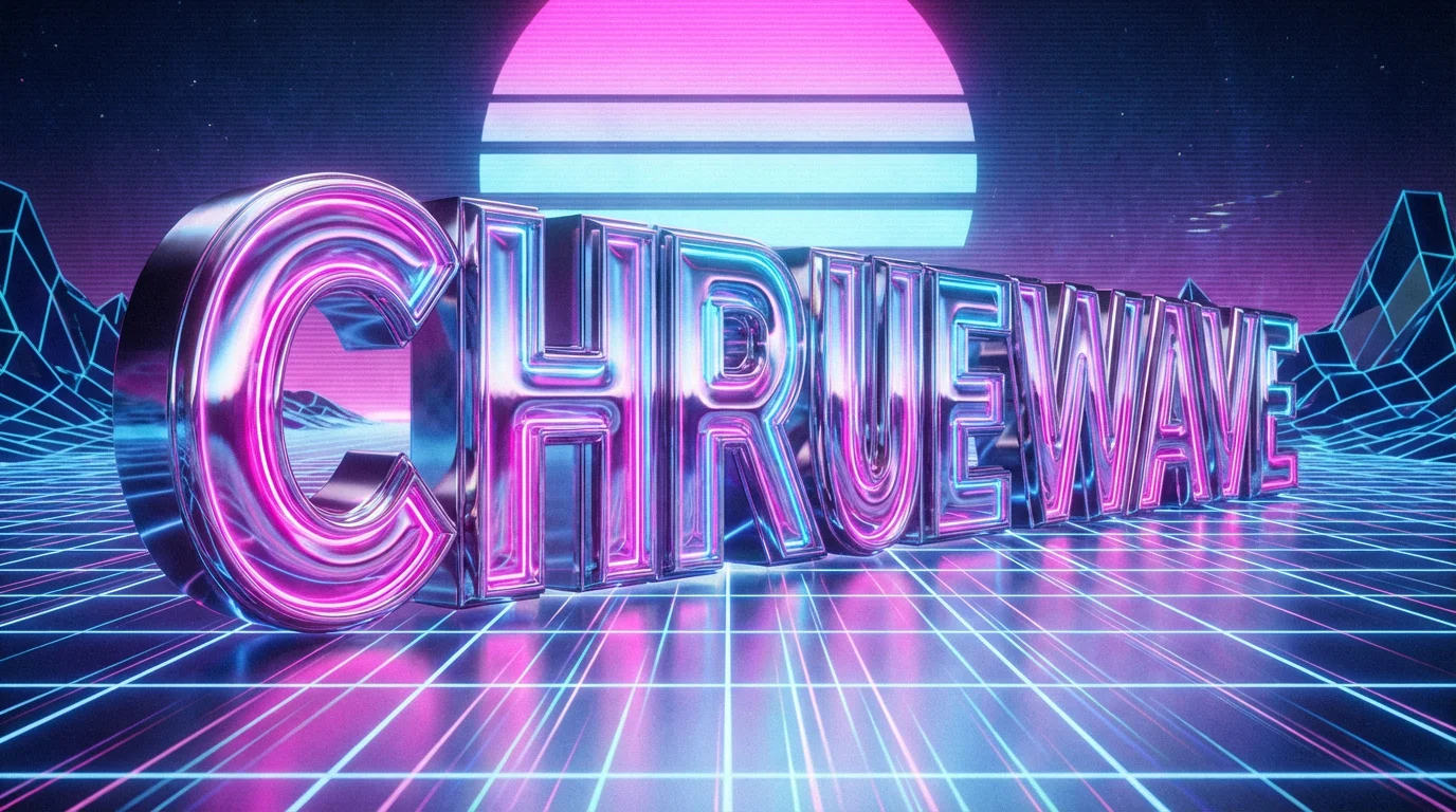A professionally designed 80s-style chrome logo with the word "CHROMEWAVE" set against a retro-futuristic digital grid background, glowing with neon pink and cyan light.