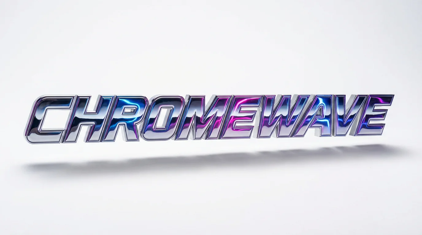 A photorealistic mockup of an 80s-style logo with the text 'CHROMEWAVE' rendered in a highly polished, 3D chrome effect, casting a soft shadow on a plain white background.