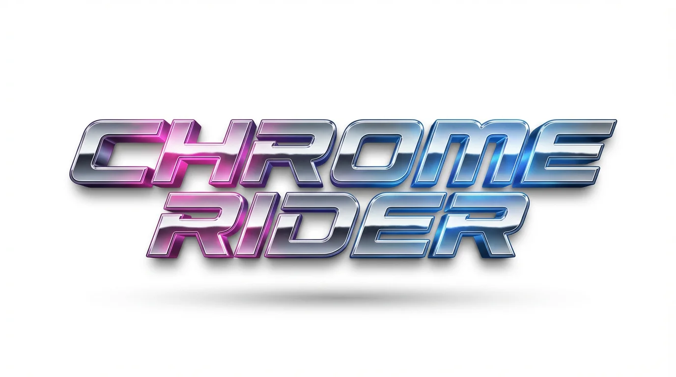 A mockup of a logo with the text 'CHROME RIDER' in a bold 80s style, featuring a highly reflective 3D chrome effect with pink and blue highlights, set against a plain white background.