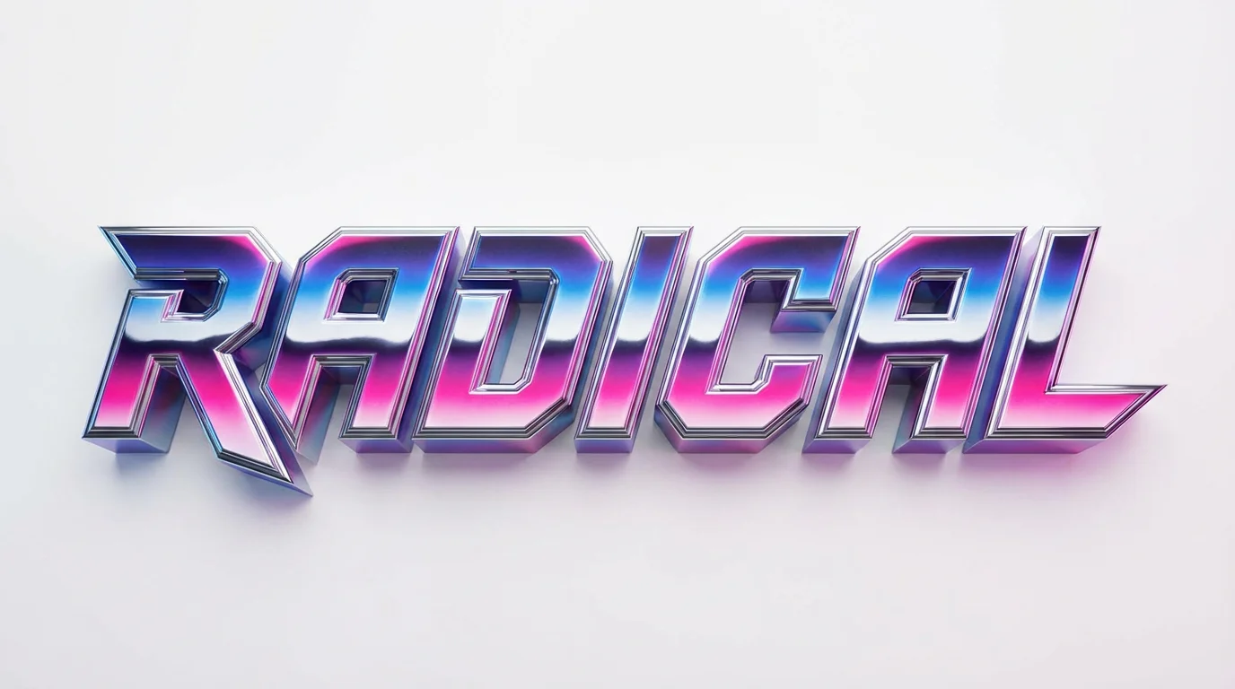 A mockup of a logo with the word 'RADICAL' designed in a classic 80s chrome style, featuring shiny metallic letters with neon pink and blue reflections, set against a plain white background.